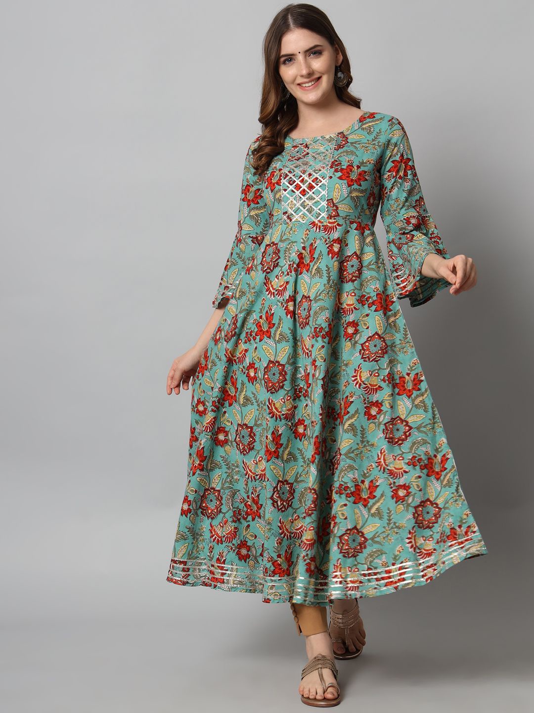 

Anouk Floral Print Bell Sleeve A-Line Midi Dress, Green
