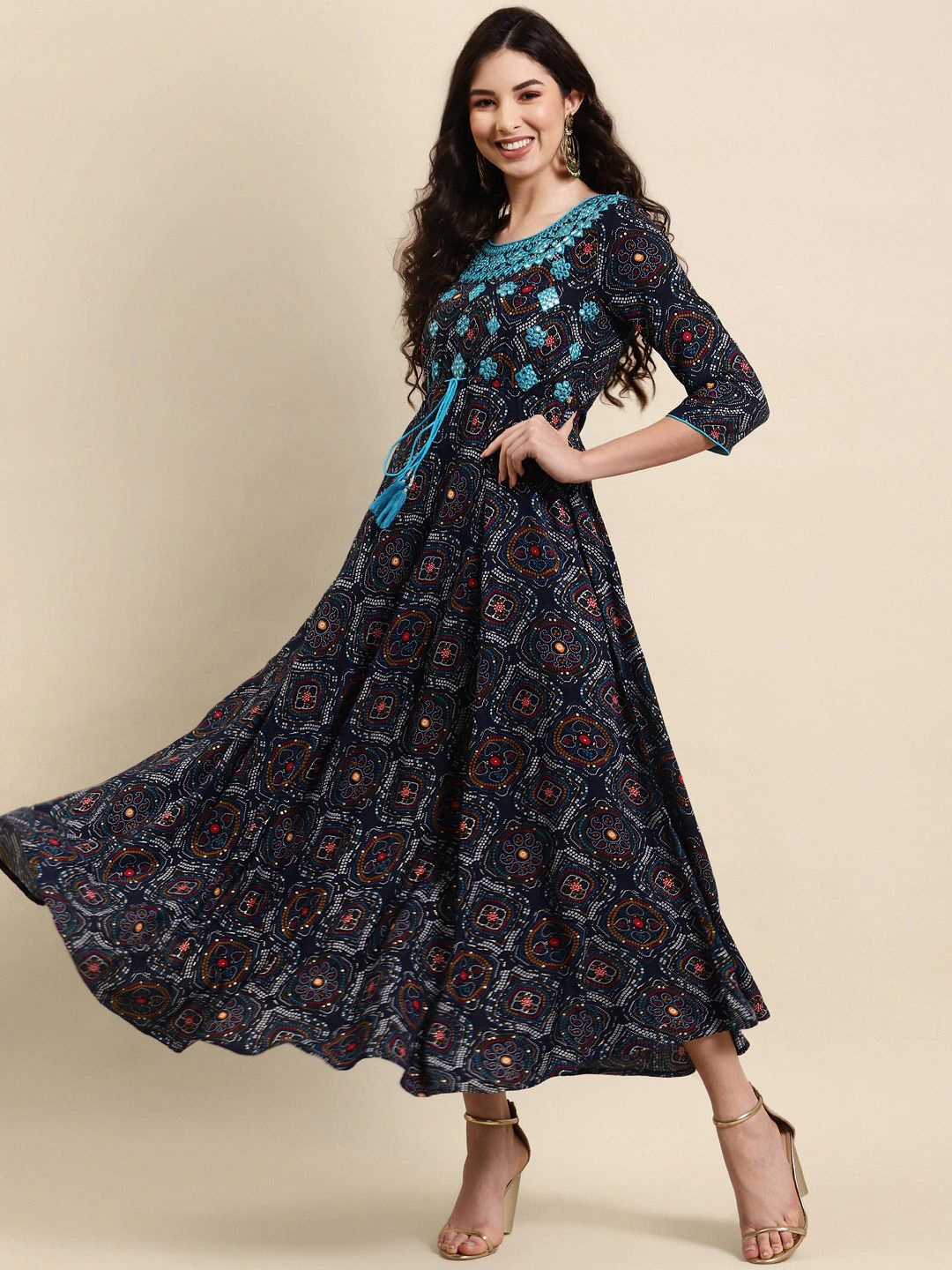 

Anouk Ethnic Motifs Print Liva Maxi Dress, Navy blue