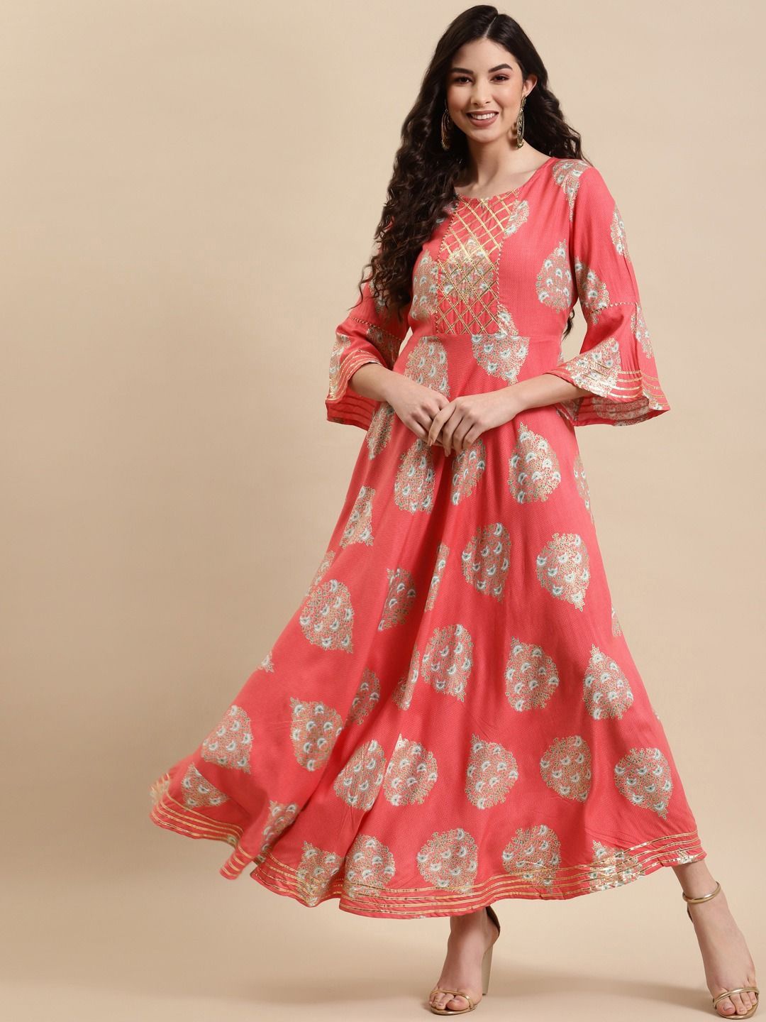 

Anouk Ethnic Motifs Print Bell Sleeve Liva Maxi Dress, Peach