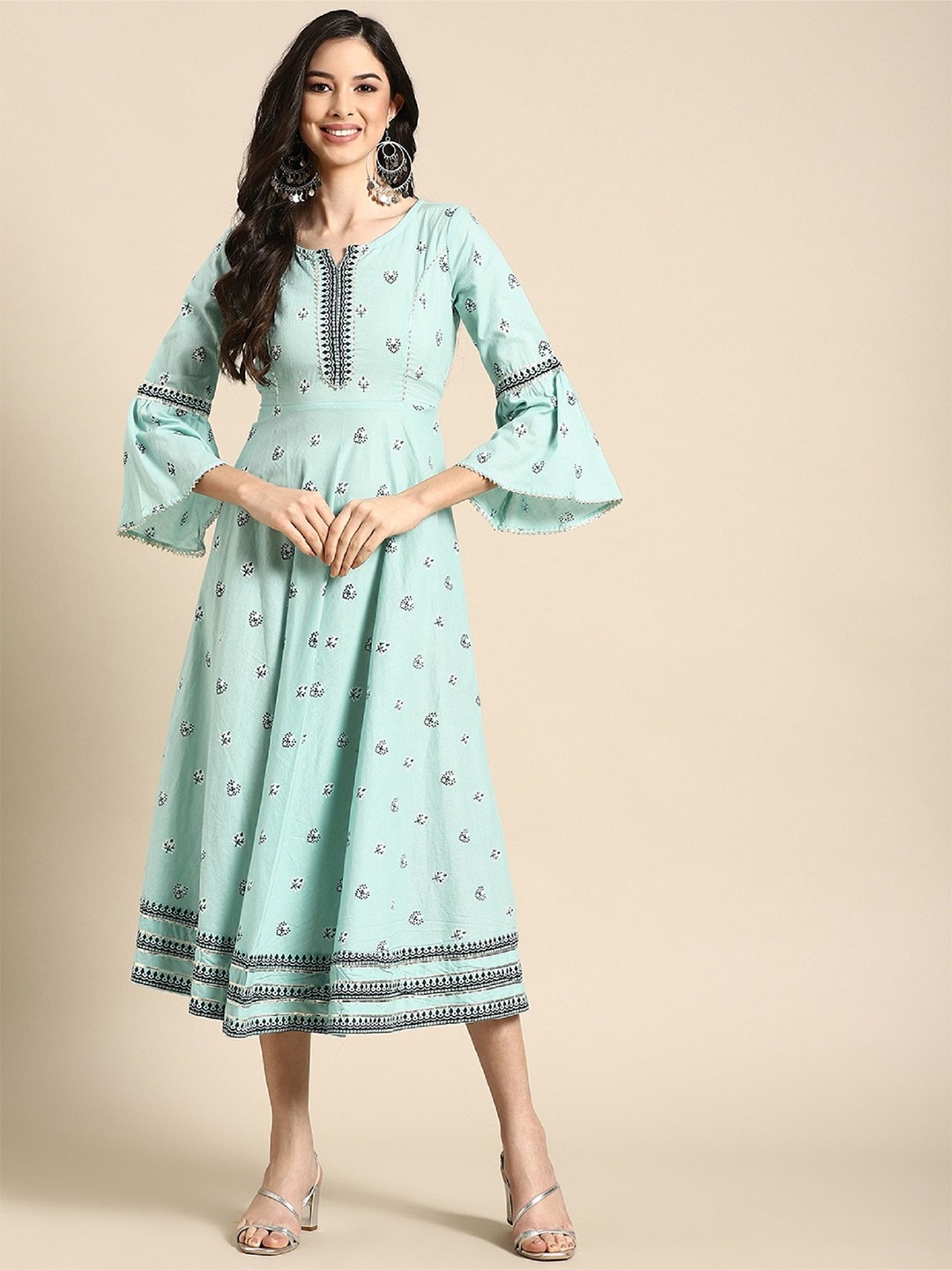 

Anouk Ethnic Motifs Print Bell Sleeve A-Line Midi Dress, Turquoise blue