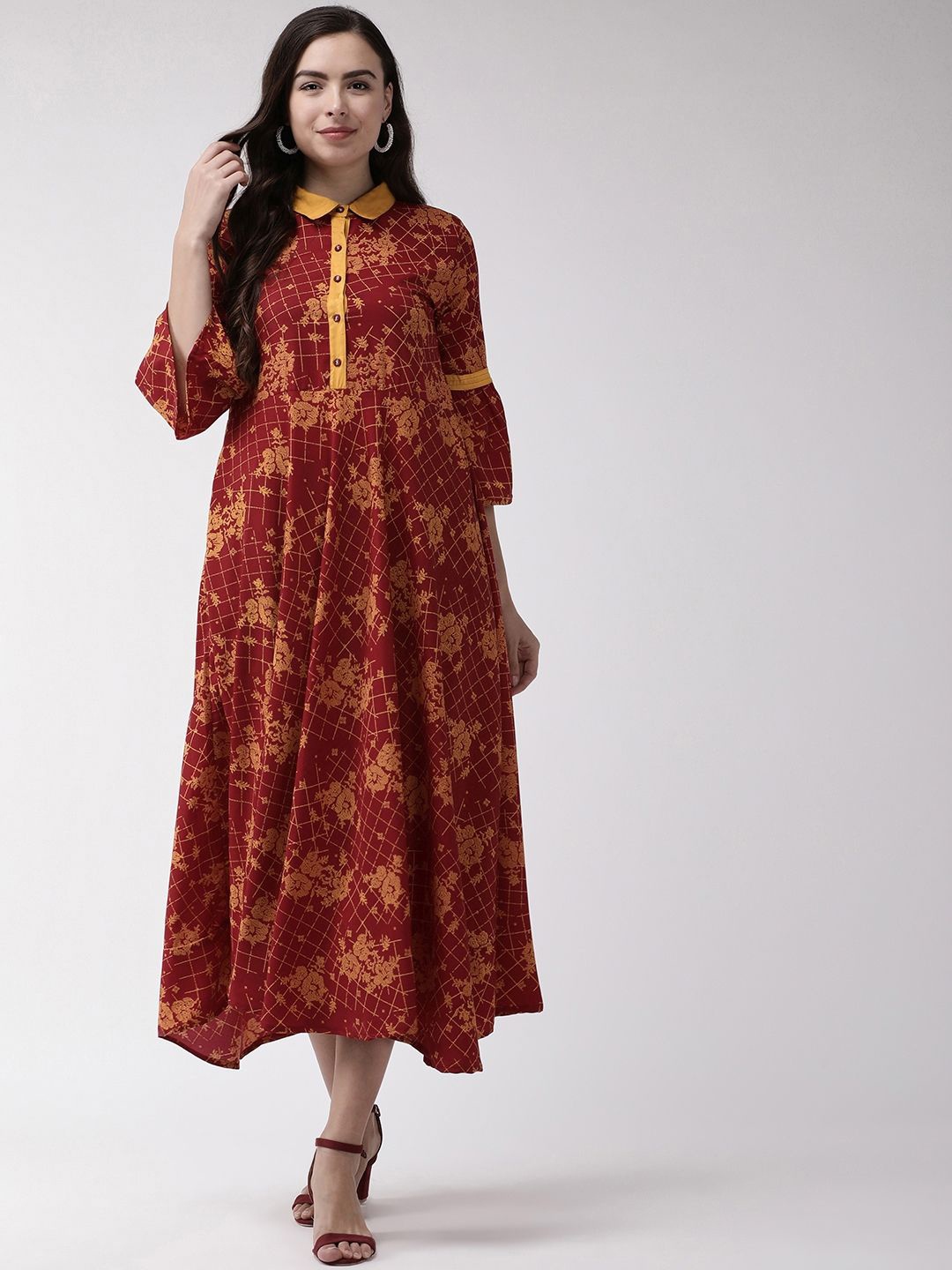 

Anouk Ethnic Motifs Print Bell Sleeve Maxi Midi Dress, Maroon