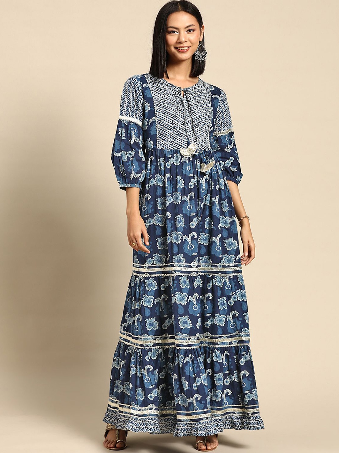 

Anouk Ethnic Motifs Print Puff Sleeve Maxi Dress, Blue