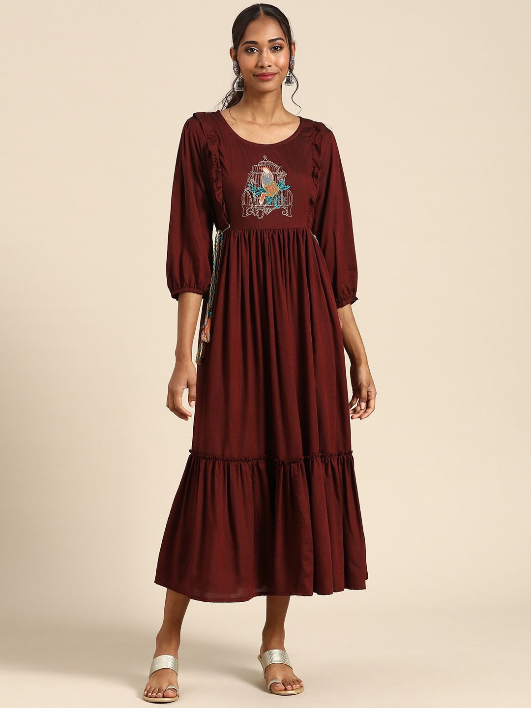 

Anouk Floral Puff Sleeve Liva Fit & Flare Midi Dress, Maroon