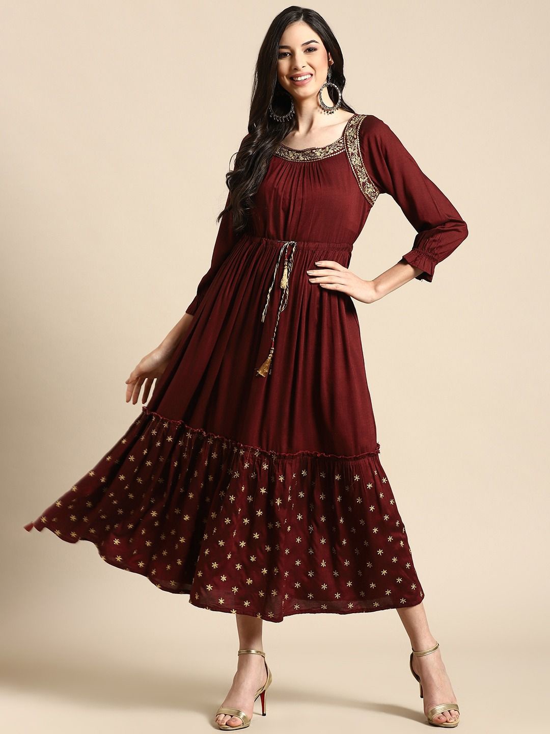

Anouk Floral Print Liva Maxi Midi Dress, Maroon
