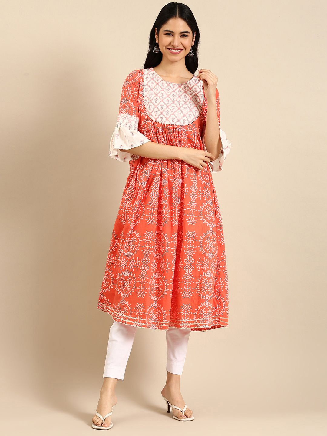 

Anouk Ethnic Motifs Bell Sleeve Fit & Flare Midi Dress, Multi