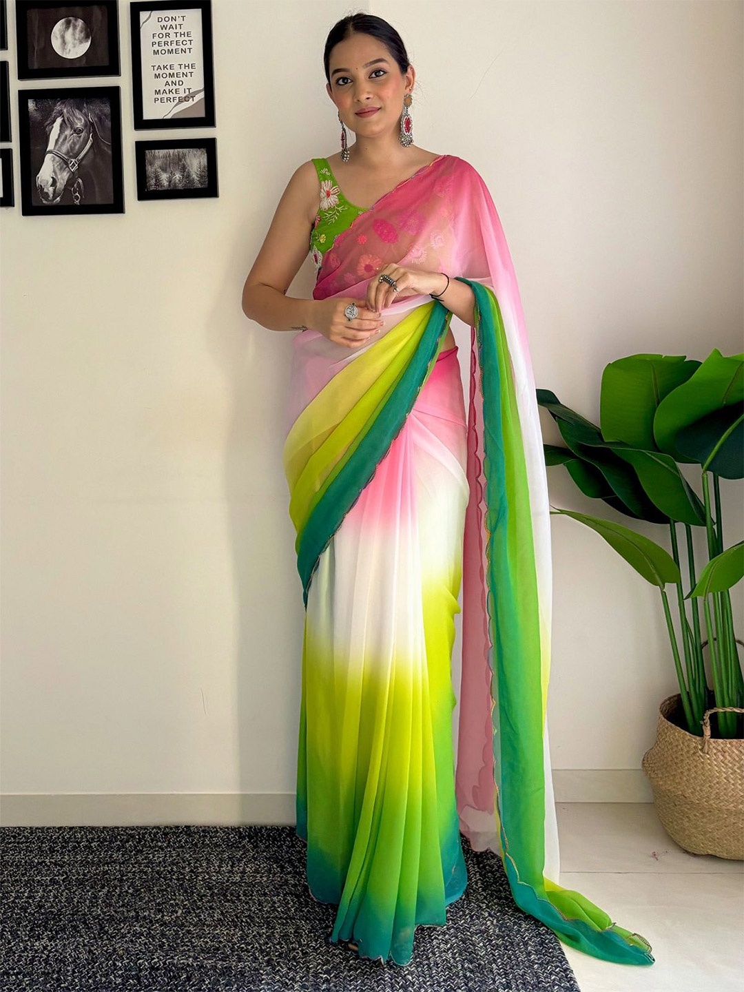 

JULEE Tie and Dye Holi Pure Georgette Half and Half Saree, Green