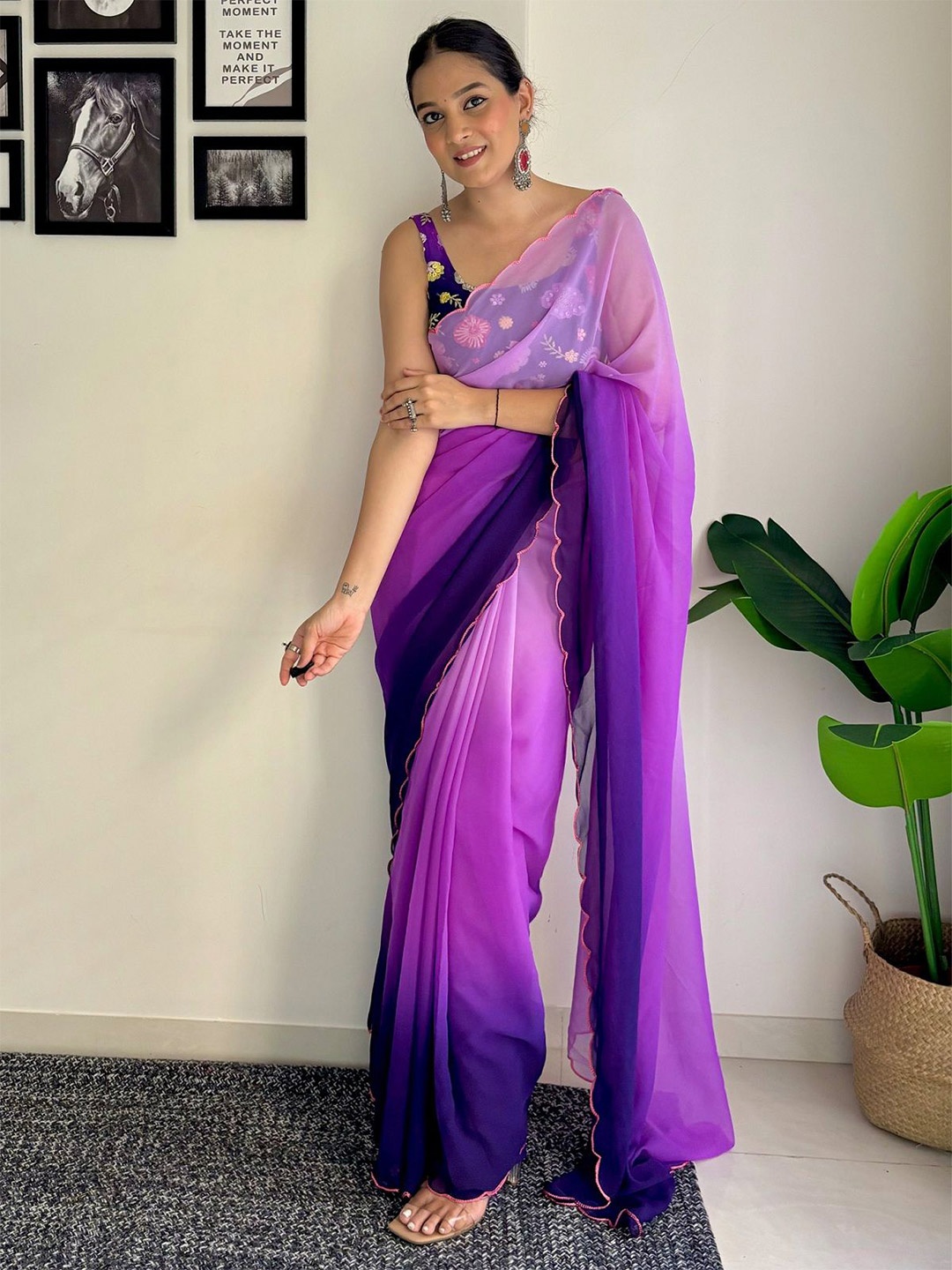 

JULEE Ombre Embroidered Pure Georgette Saree, Purple