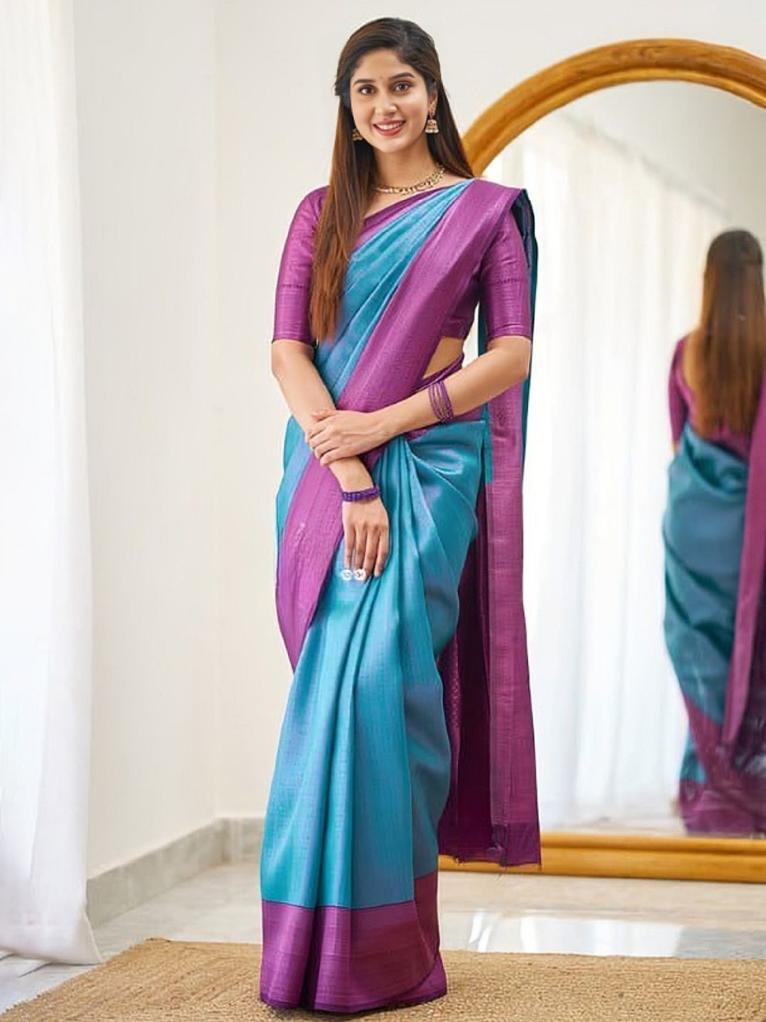 

JULEE Ethnic Motifs Zari Pure Silk Saree, Turquoise blue