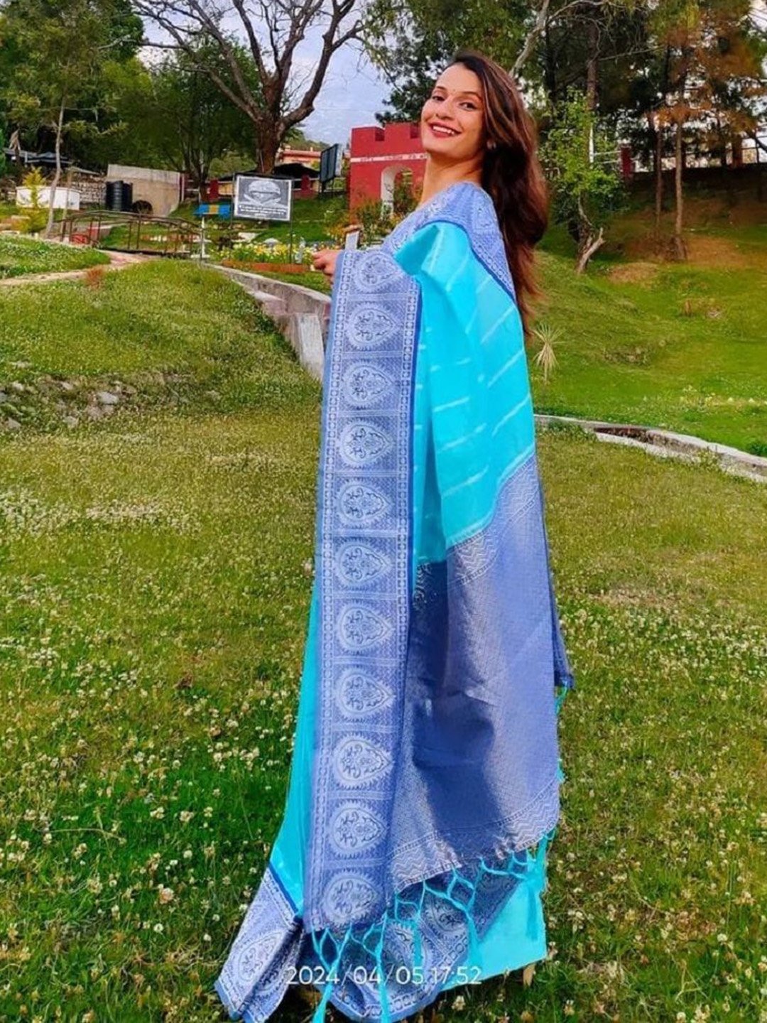 

JULEE Woven Design Zari Pure Silk Saree, Turquoise blue