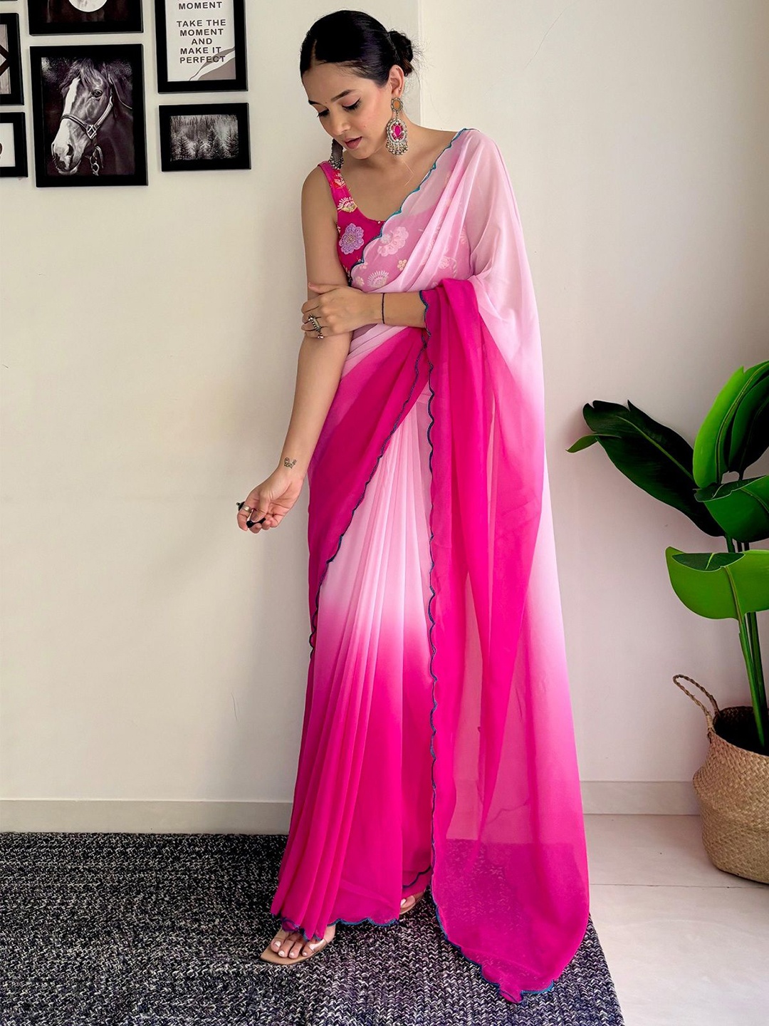 

JULEE Ombre Embroidered Pure Georgette Saree, Pink