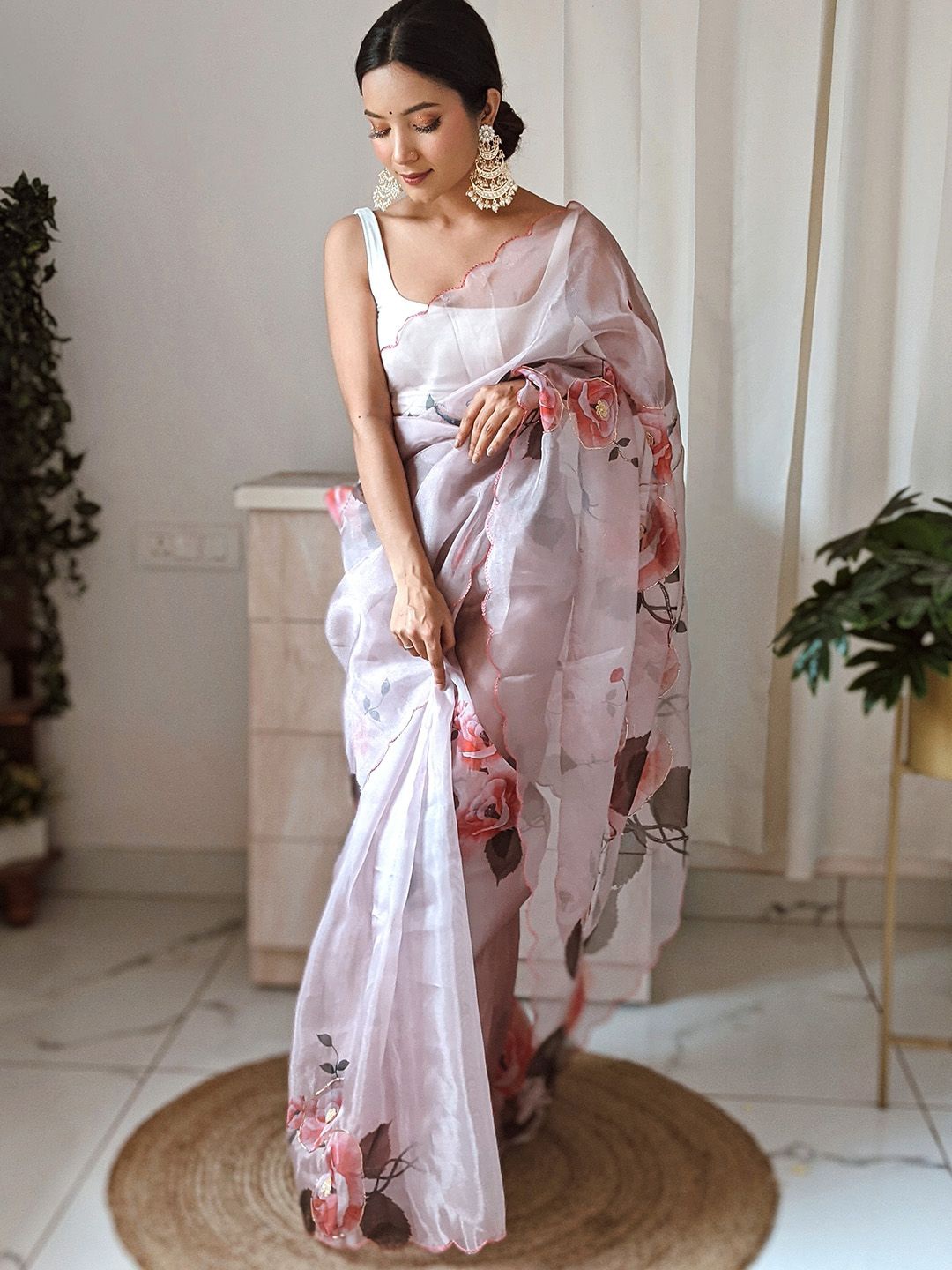 

Ishin Floral Beads and Stones Organza Saree, Grey