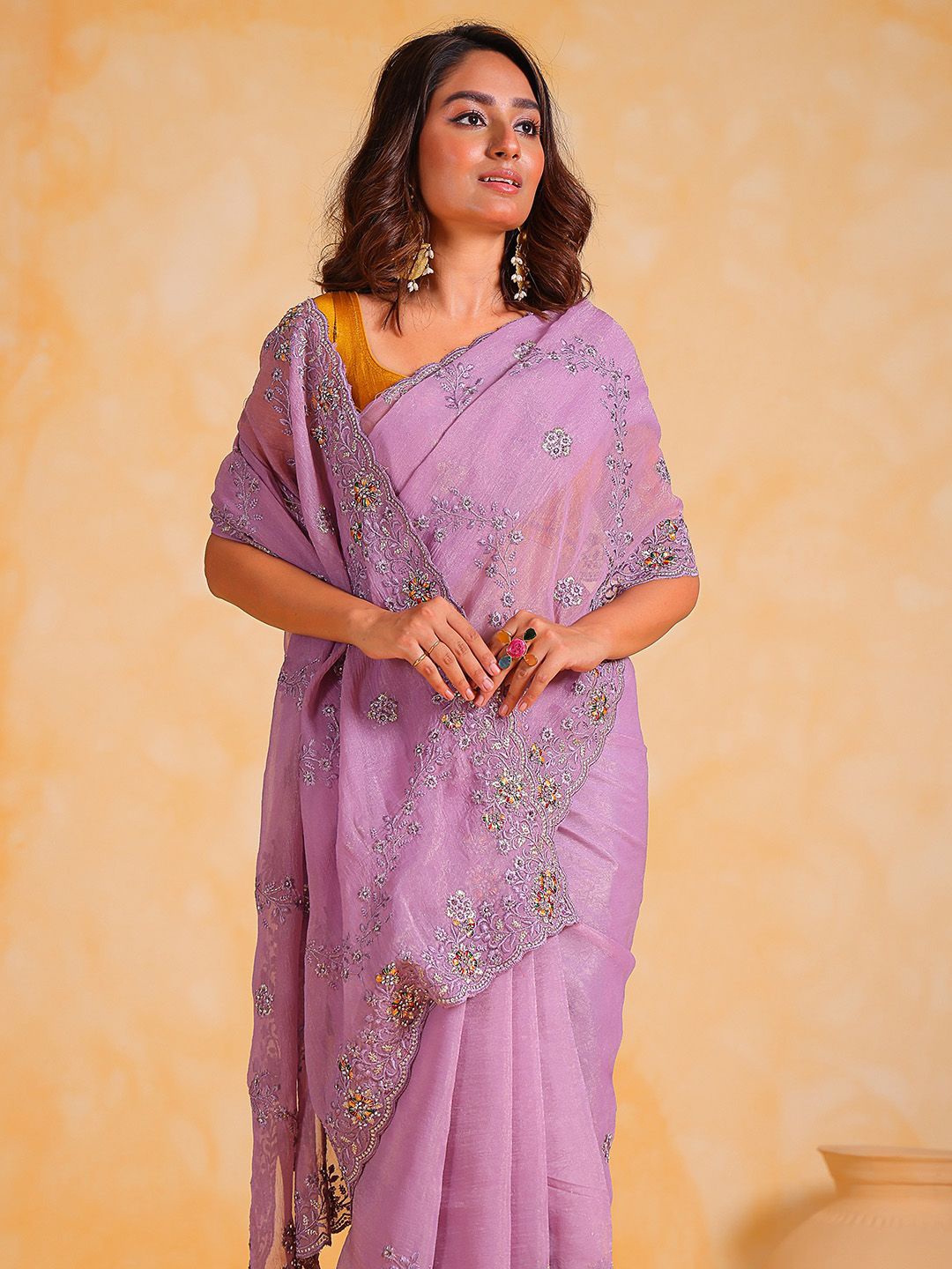 Ishin Floral Embroidered Silk Blend Heavy Work Saree, Lavender