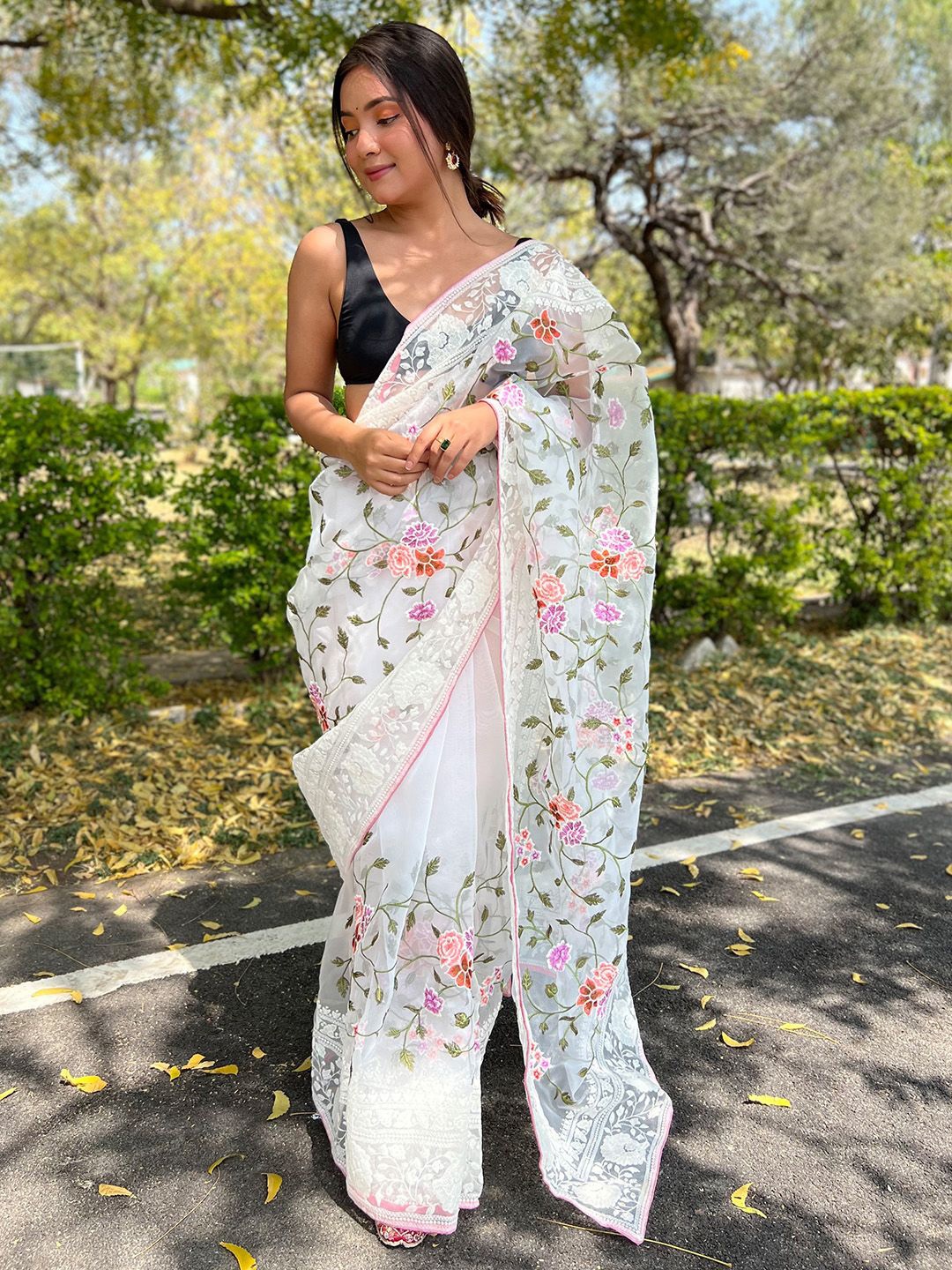 

Ishin Floral Organza Saree, White
