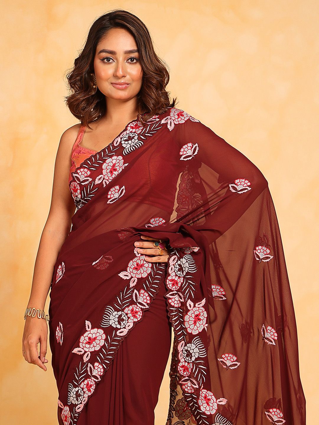 Ishin Floral Embroidered Poly Georgette Saree, Maroon