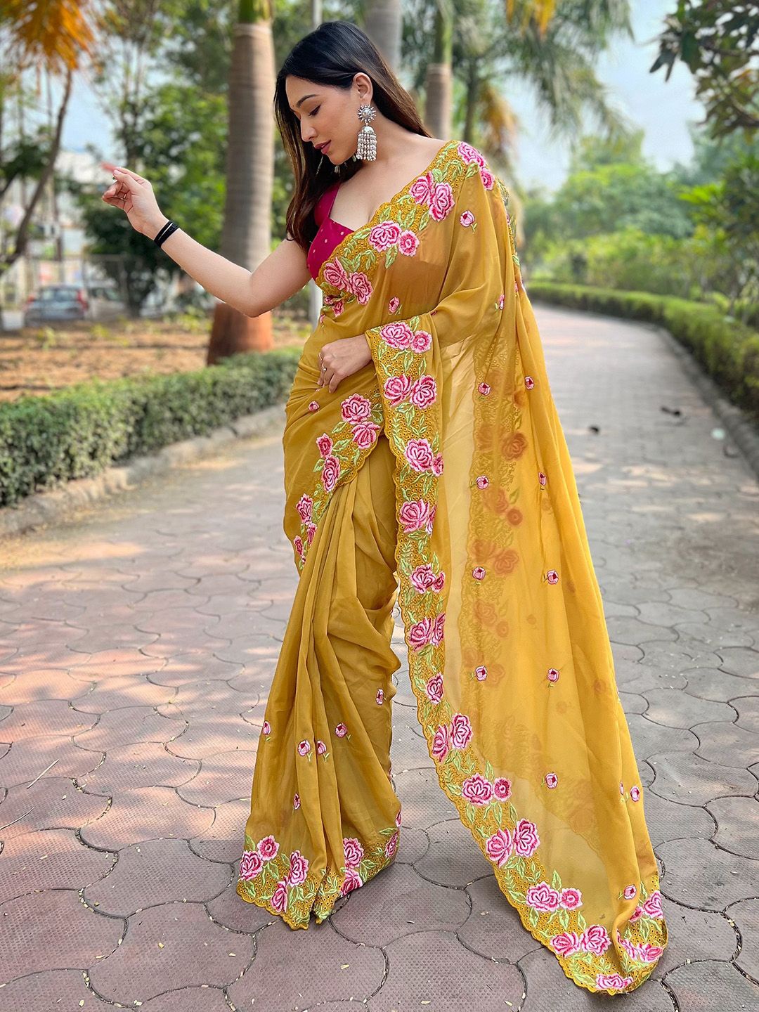 

Ishin Floral Organza Saree, Mustard