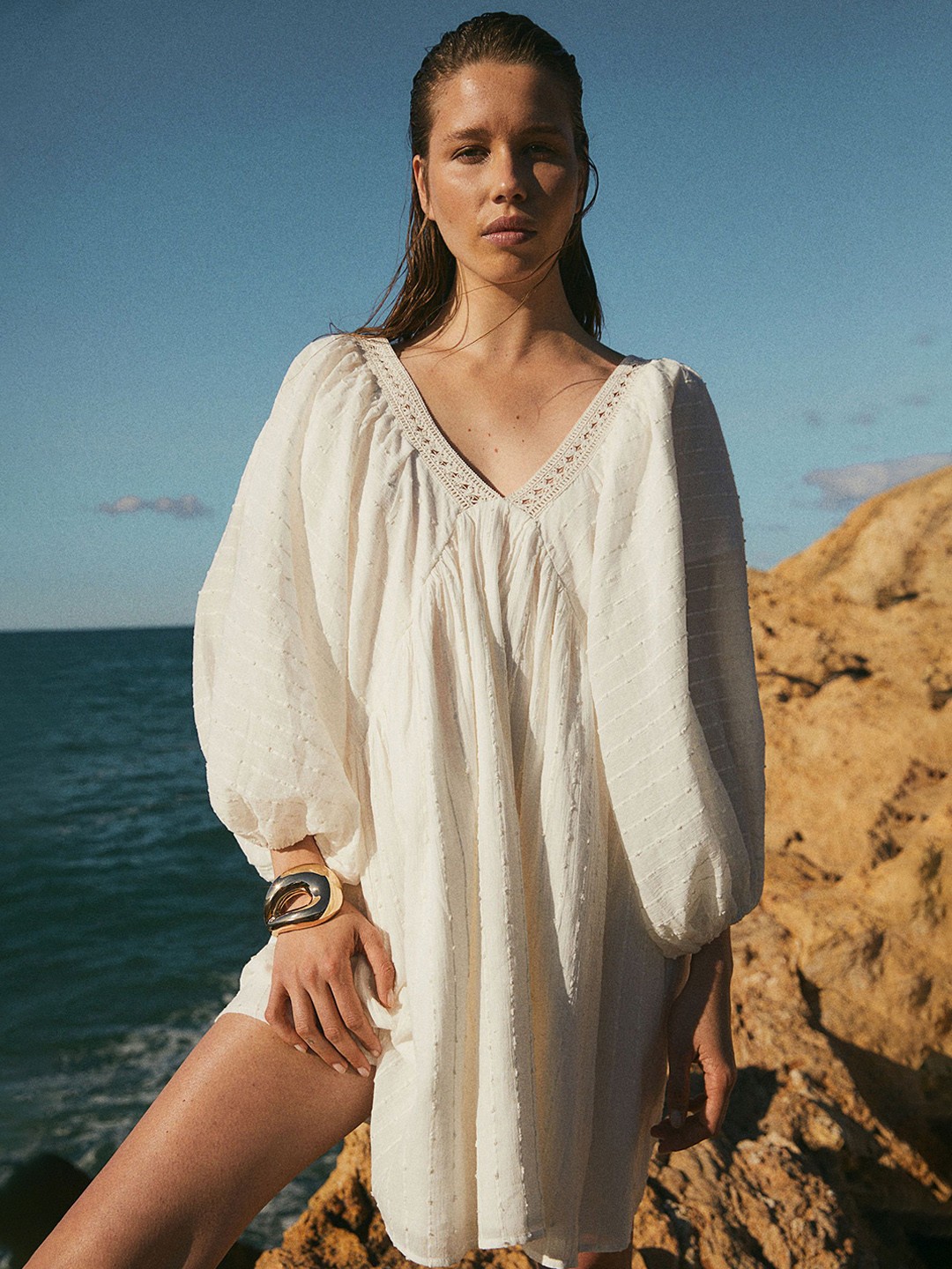 

H&M Balloon-Sleeved Cotton Dress, White