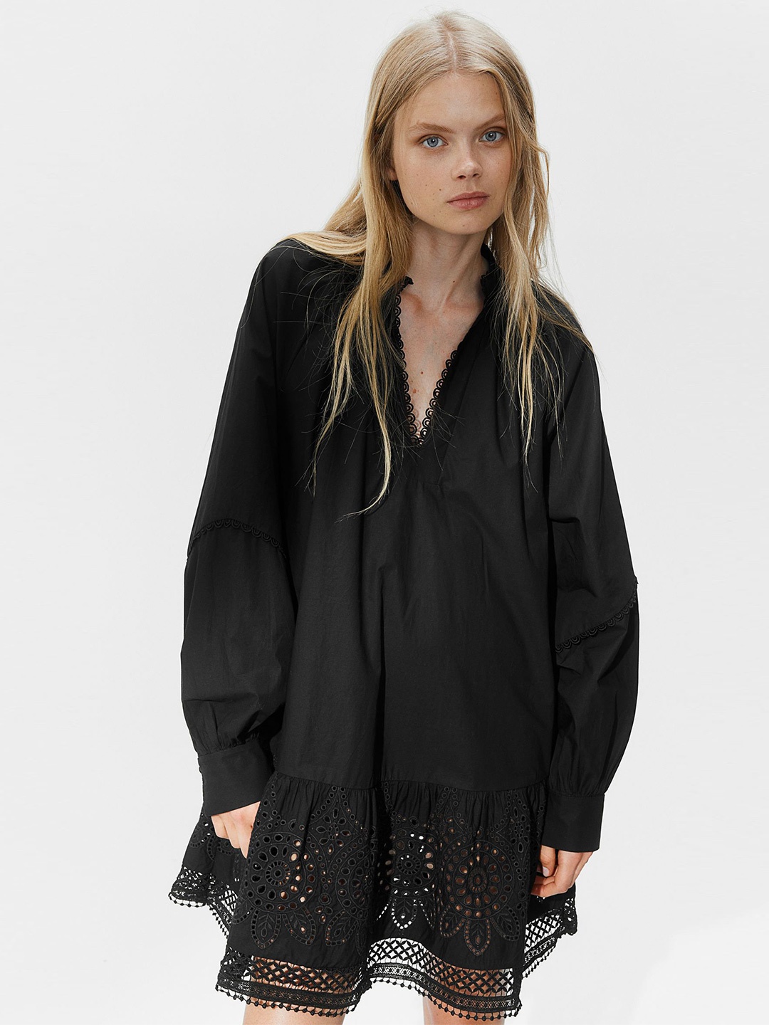 

H&M Pure Cotton Broderie Anglaise Dress, Black