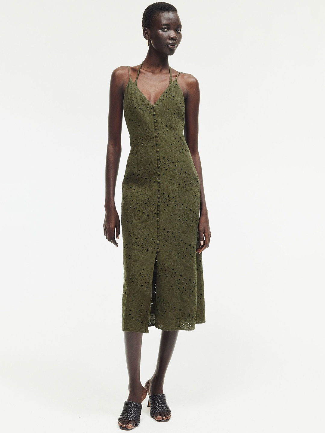 

H&M Button-Front Broderie Anglaise Dress, Green