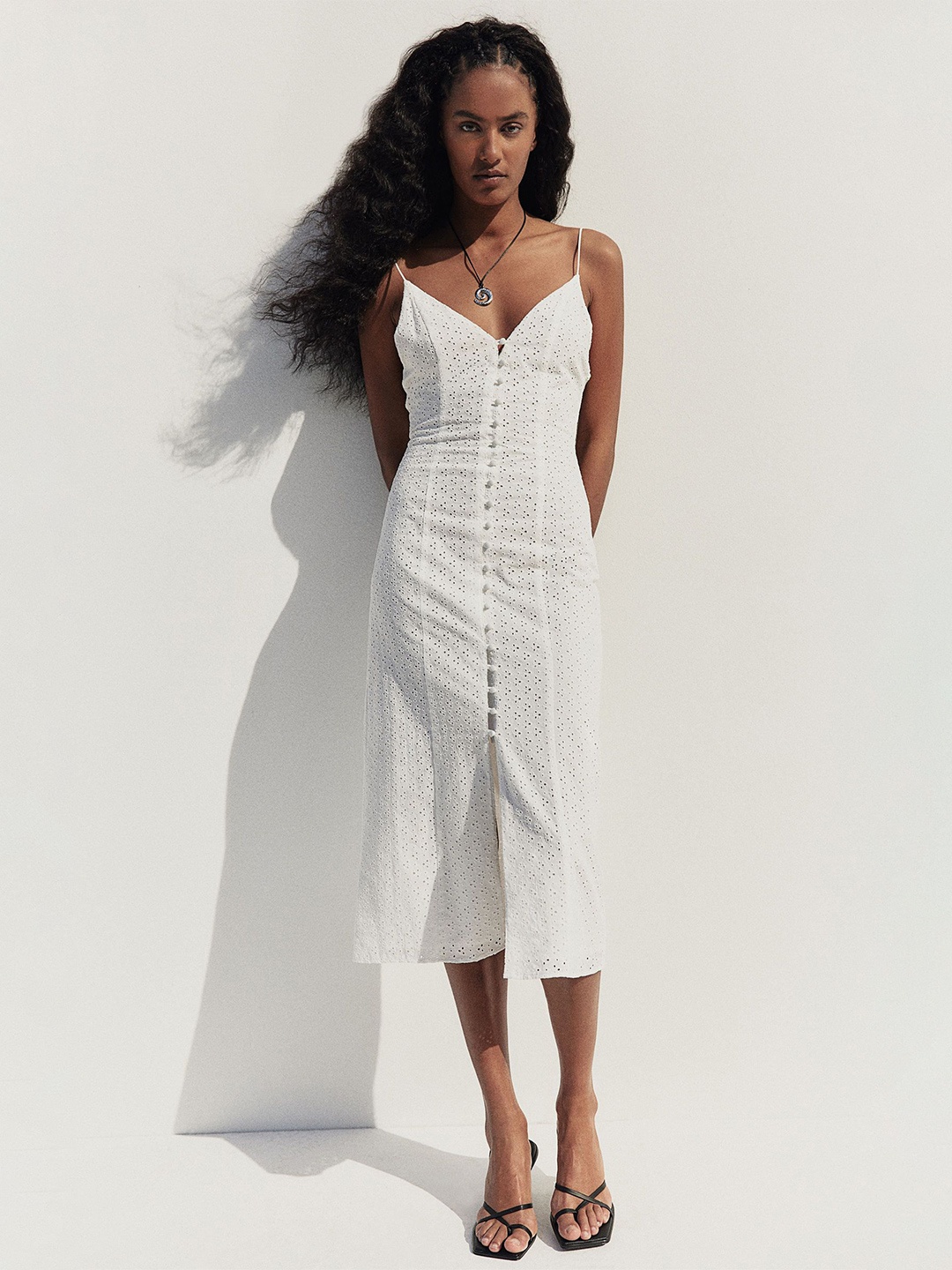 

H&M Pure Cotton Button-Front Broderie Anglaise Dress, White
