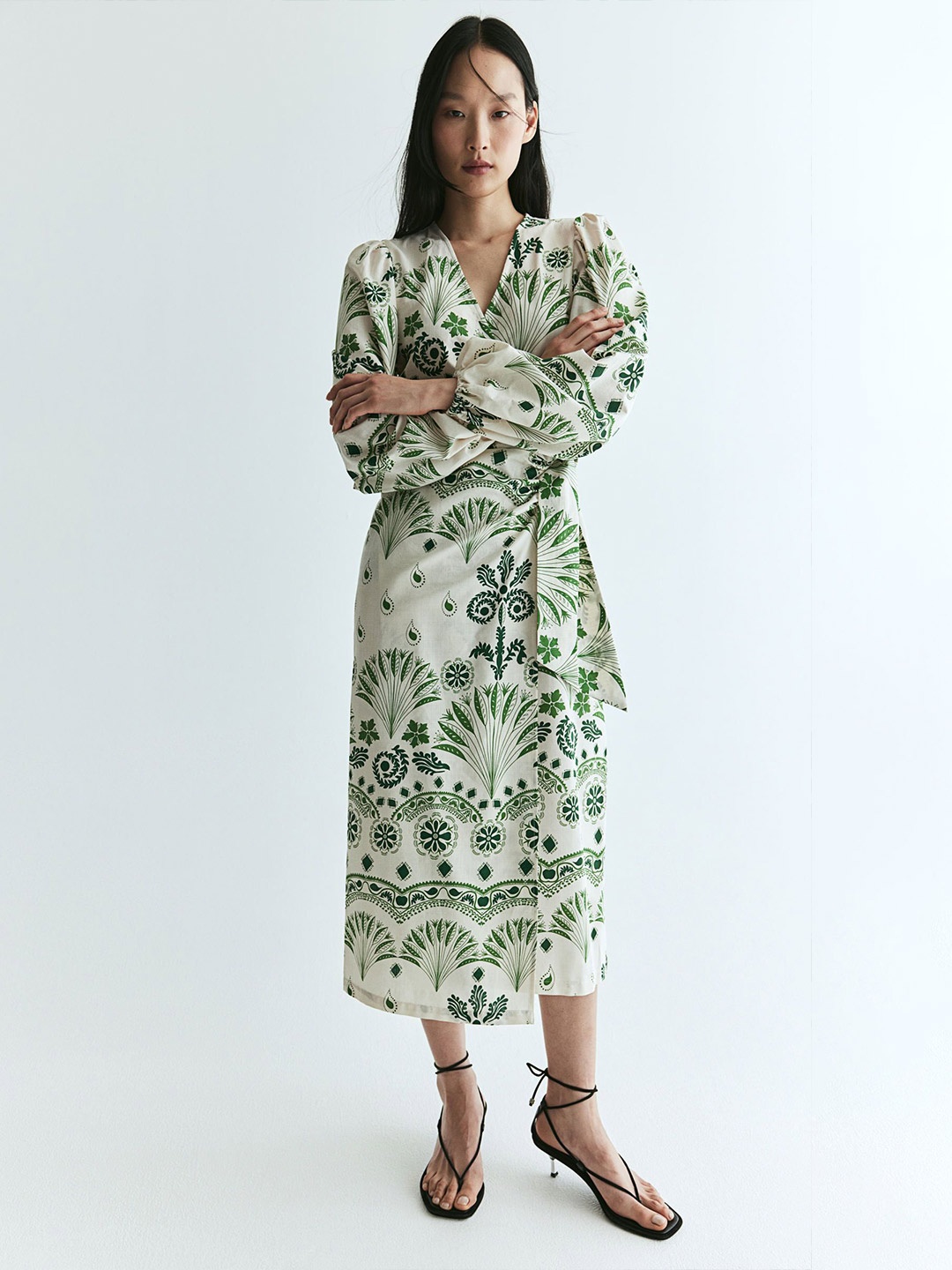 

H&M Printed Cotton Wrap Dress, Green