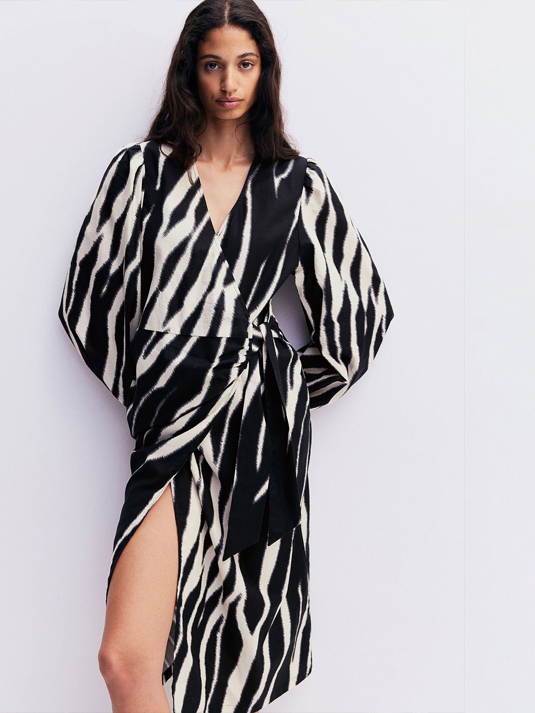 

H&M Printed Cotton Wrap Dress, Black