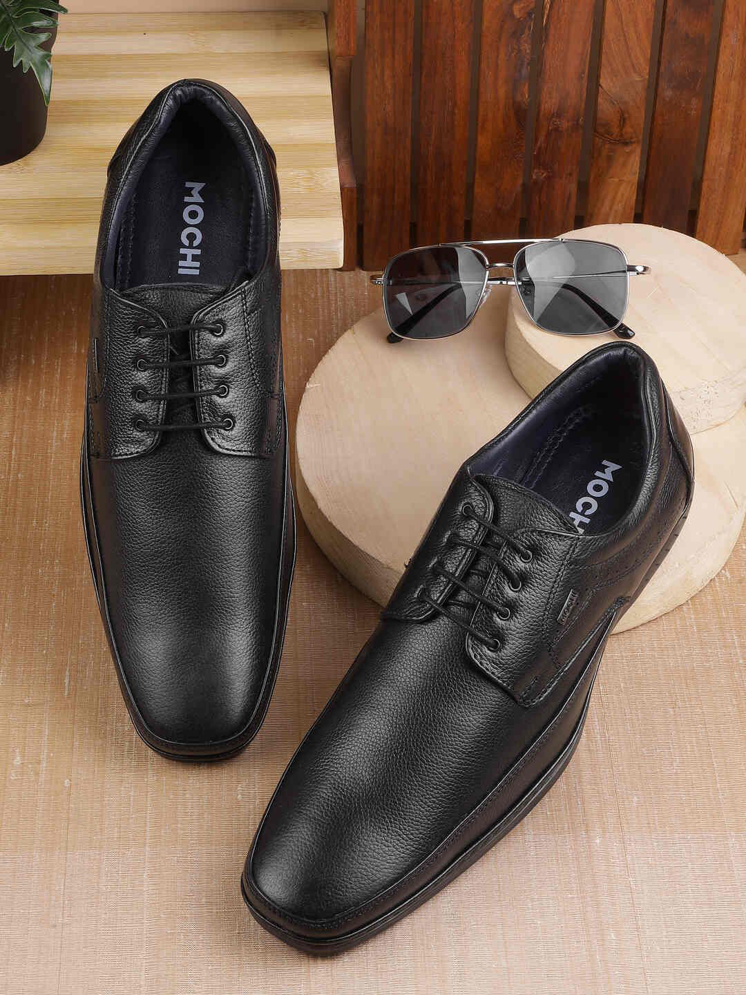 

Mochi Men Textured Leather Formal Derby Shoes, Black