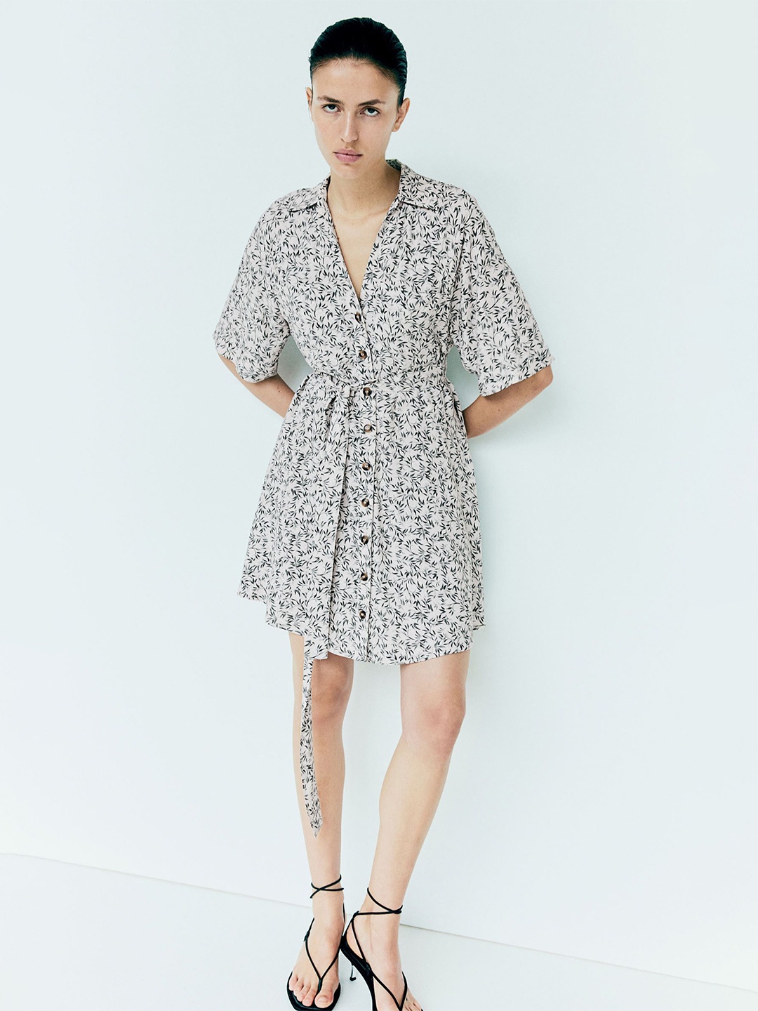 

H&M Printed Tie-Belt Shirt Dress, White