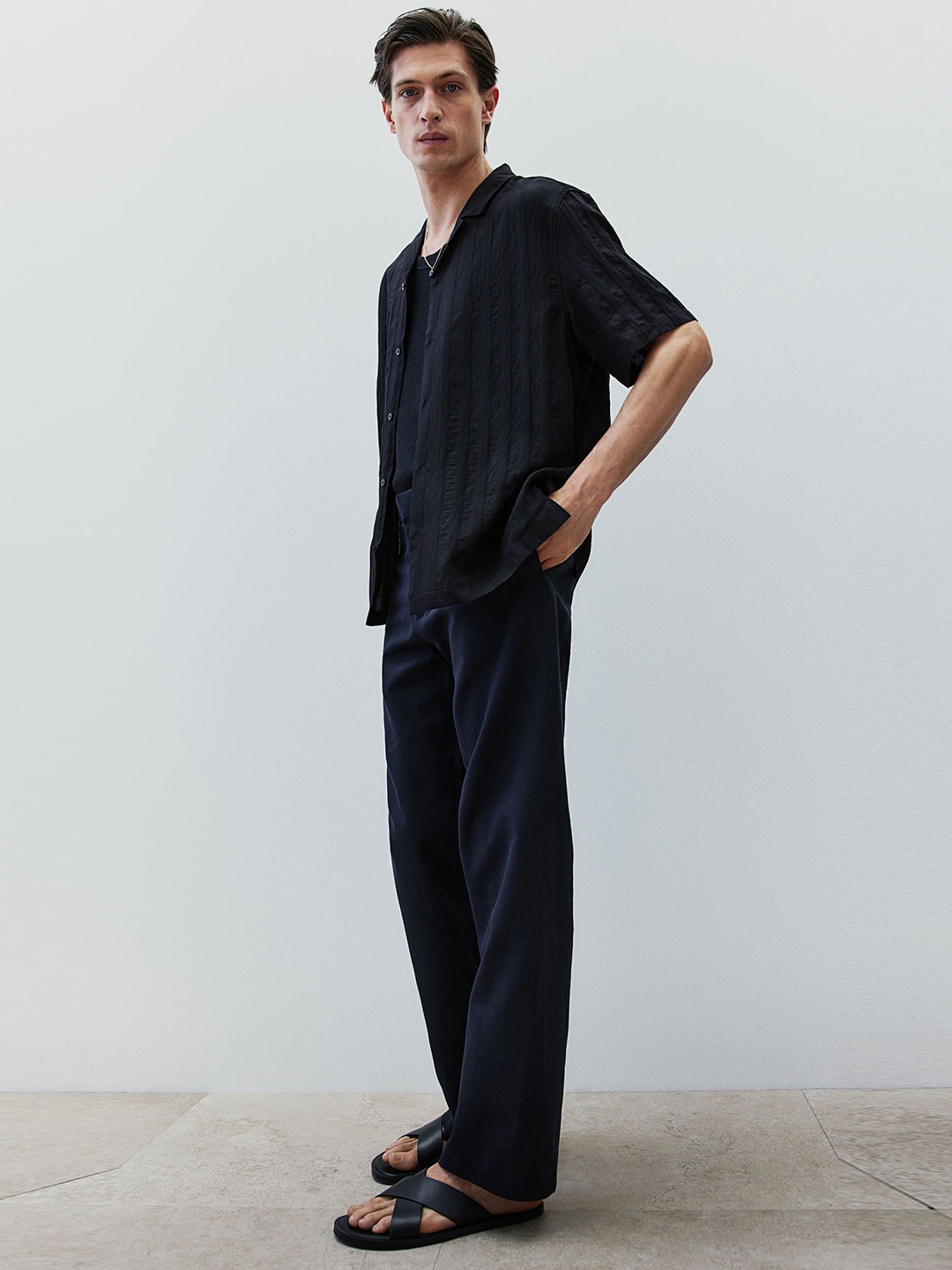

H&M Textured-Weave Resort Shirts, Black