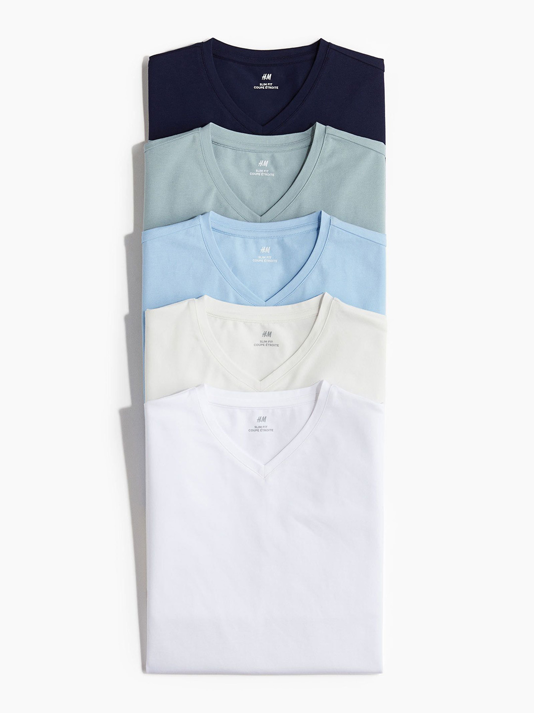 

H&M Pack Of 5 Slim Fit V Neck T-Shirts, Turquoise blue