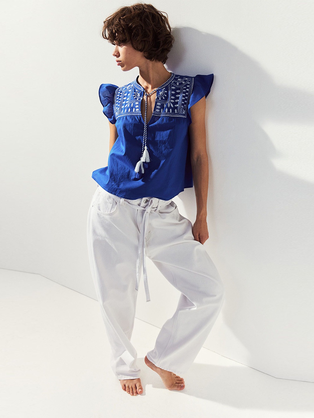 

H&M Embroidered Cotton Blouse, Blue