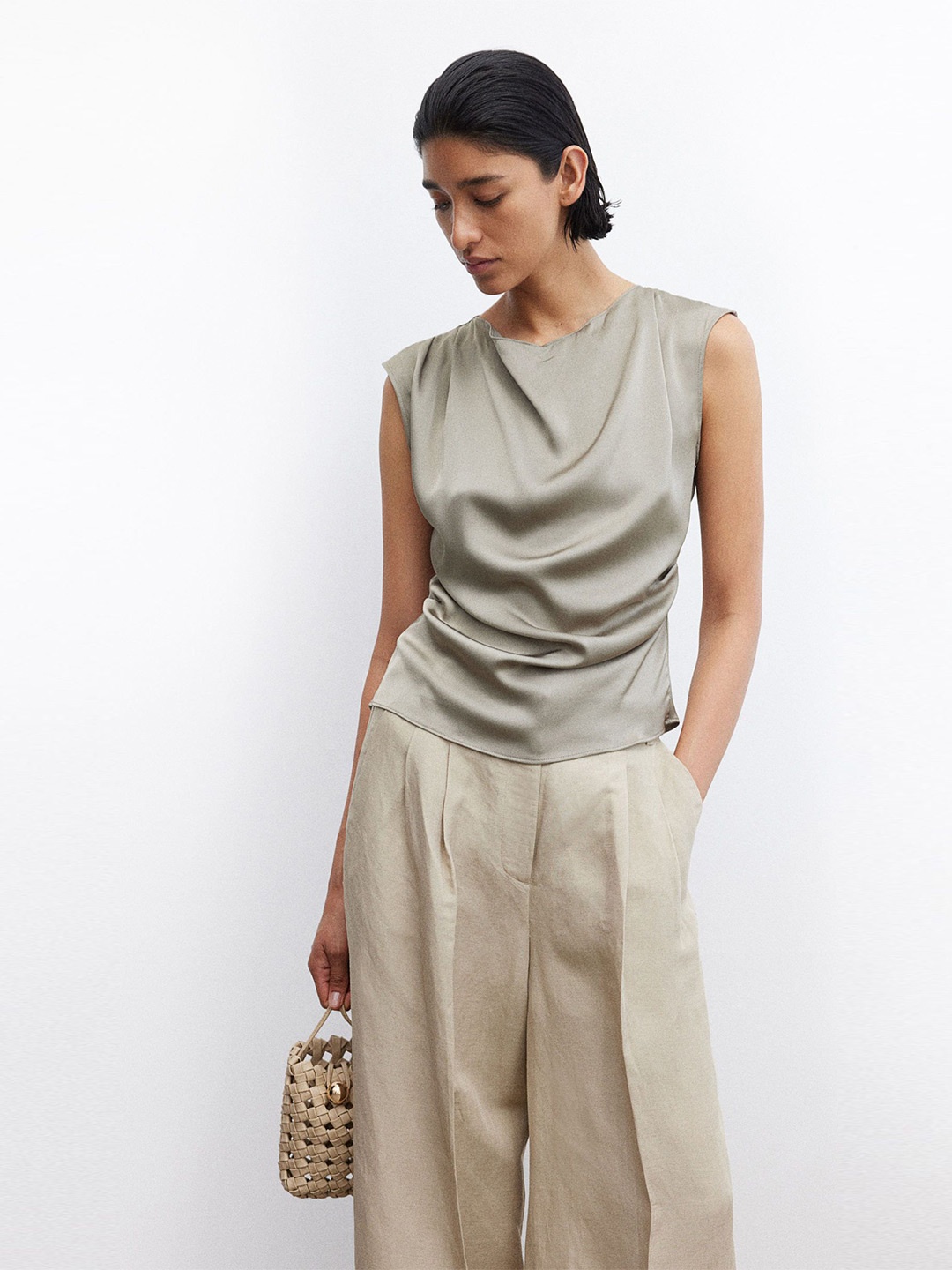 

H&M Draped Satin Tops, Beige