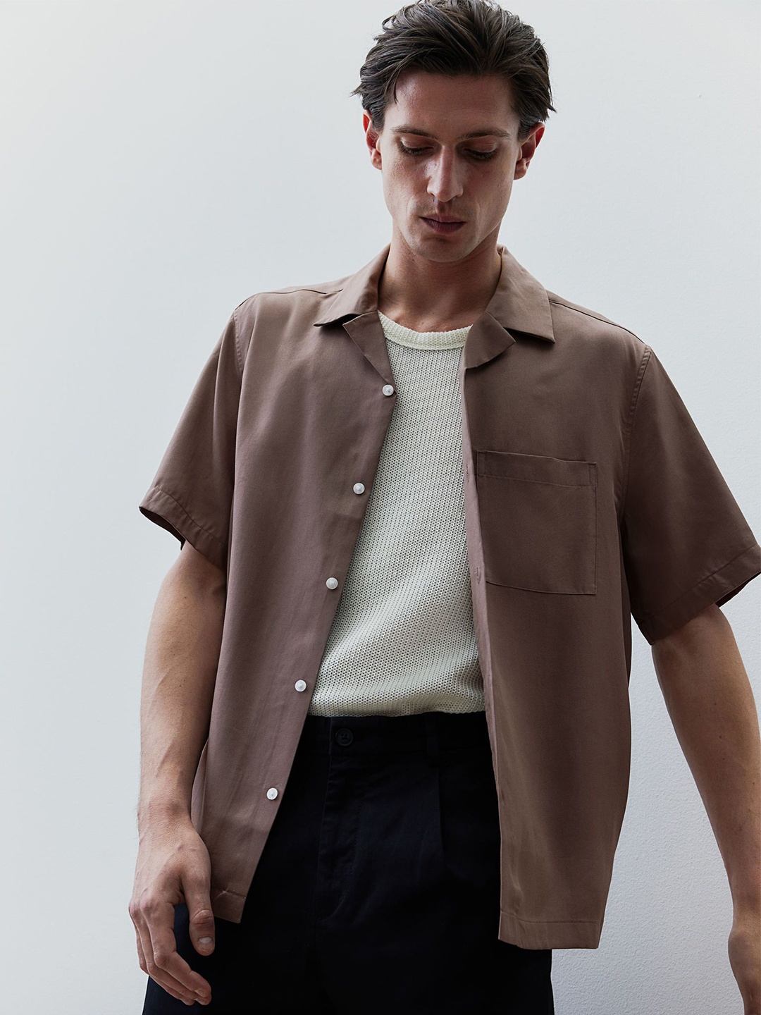 

H&M Regular Fit Lyocell Resort Shirt, Beige