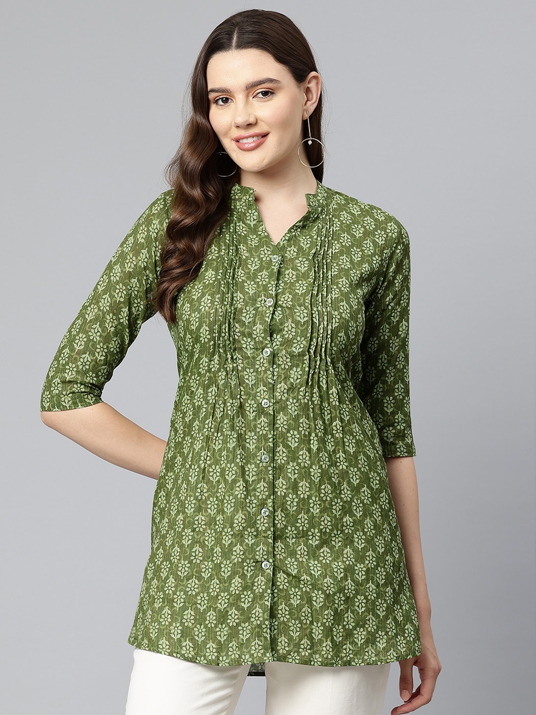 

One Femme Mandarin Collar Printed Tunic, Green