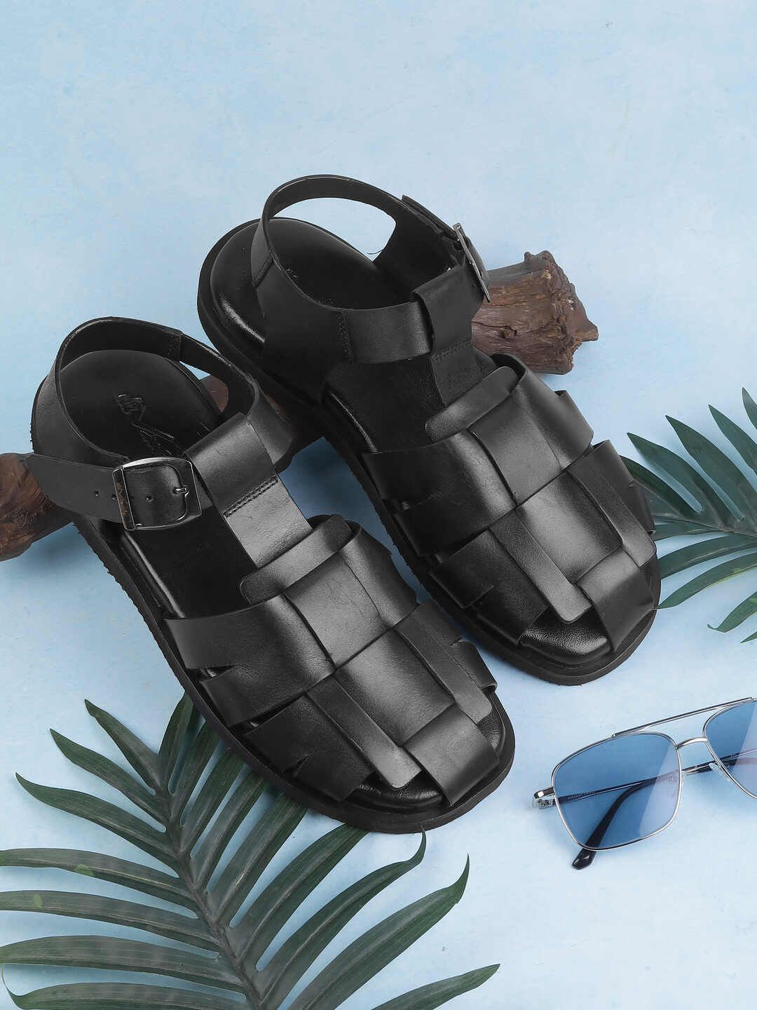 

DAVINCHI Men Leather Fisherman Sandals, Black