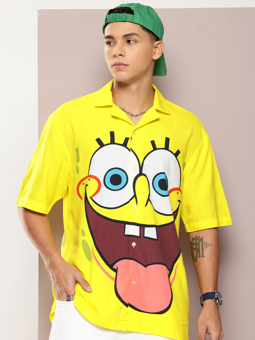 

Kook N Keech Men Relaxed Spongebob Printed Cuban Collar Casual Shirt, Yellow