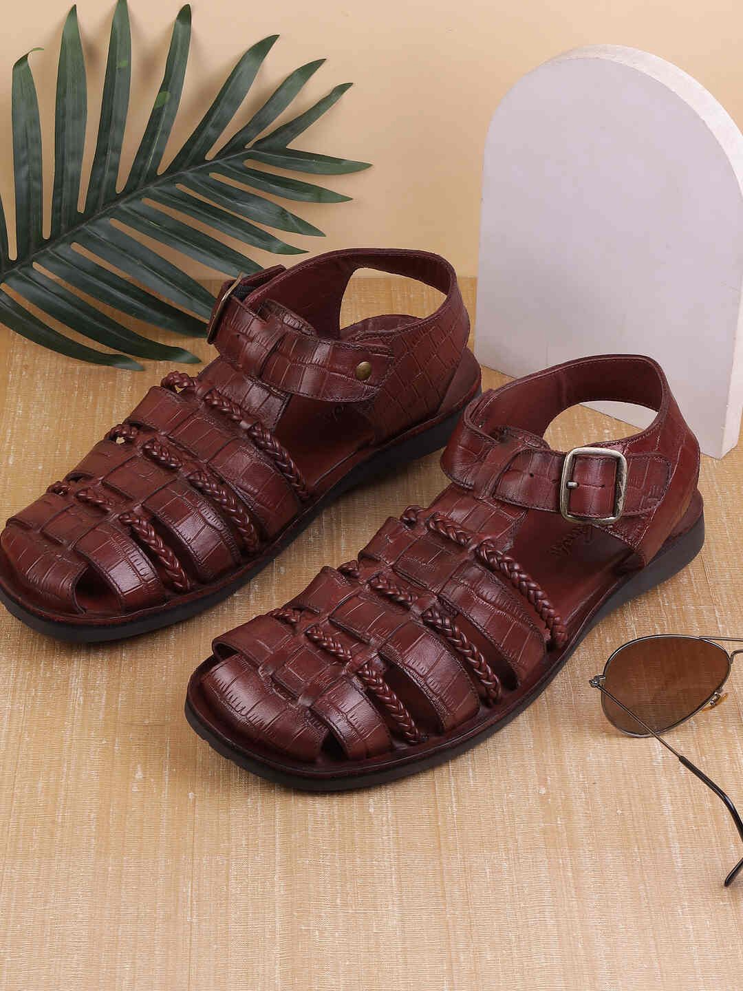 

DAVINCHI Men Leather Fisherman Sandals, Burgundy