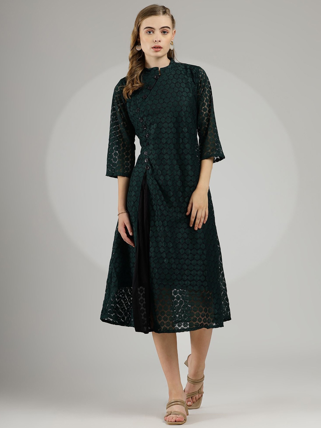 

WESTHOOD Flared Sleeve Lace A-Line Midi Dress, Green