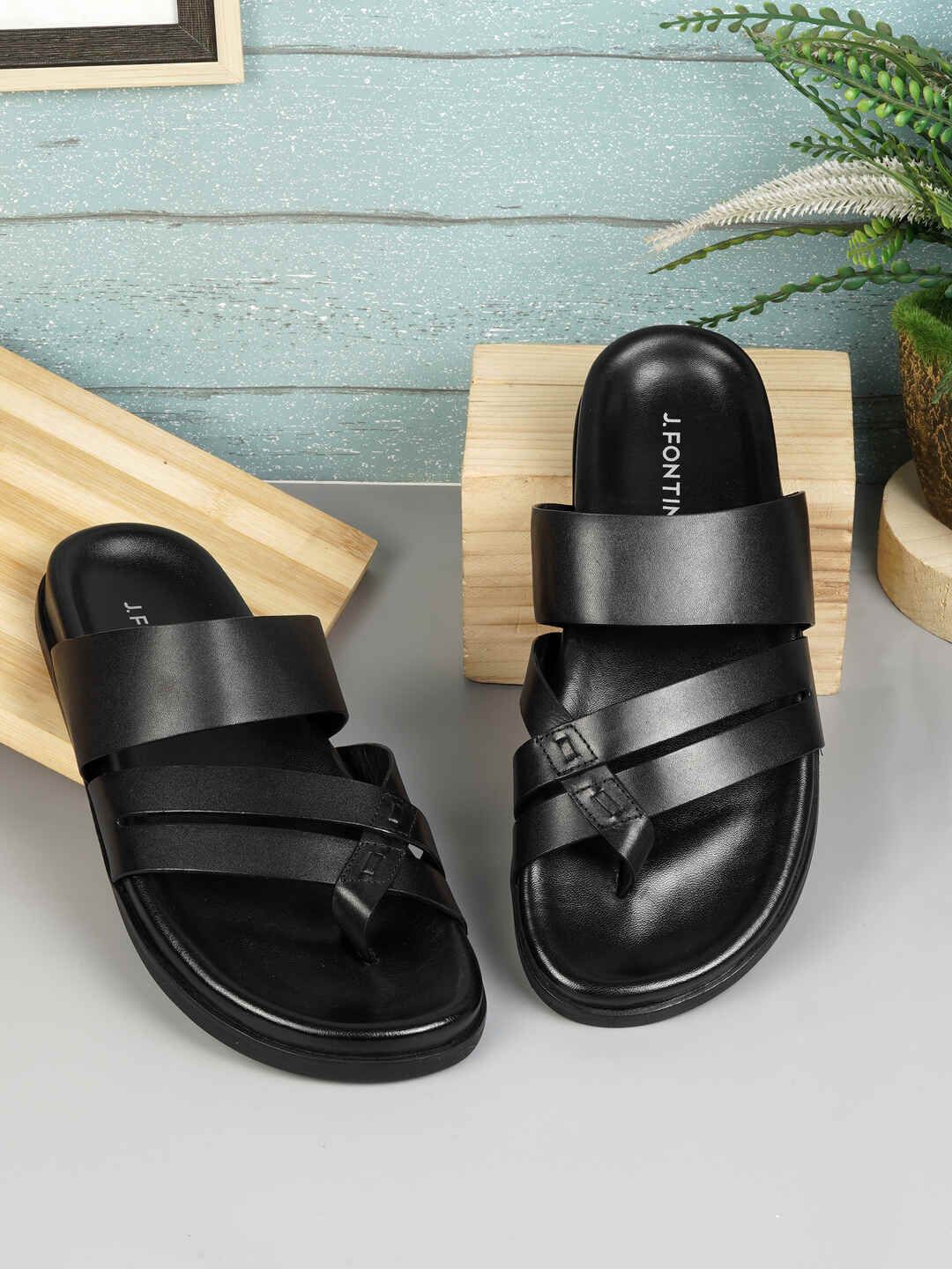 

J.FONTINI Men Ethnic Leather Comfort Sandals, Black