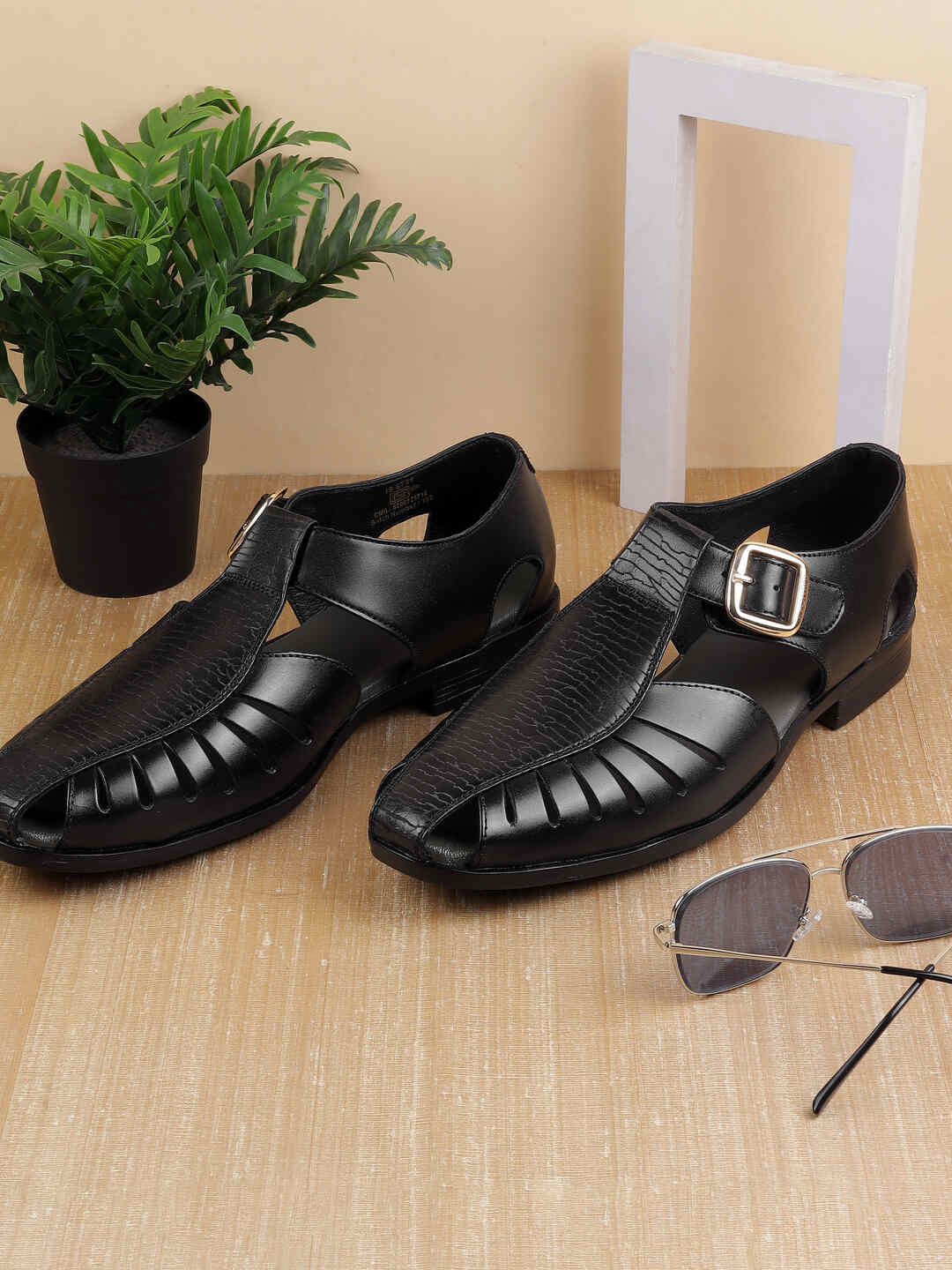 

J.FONTINI Men Leather Shoe-Style Sandals, Black