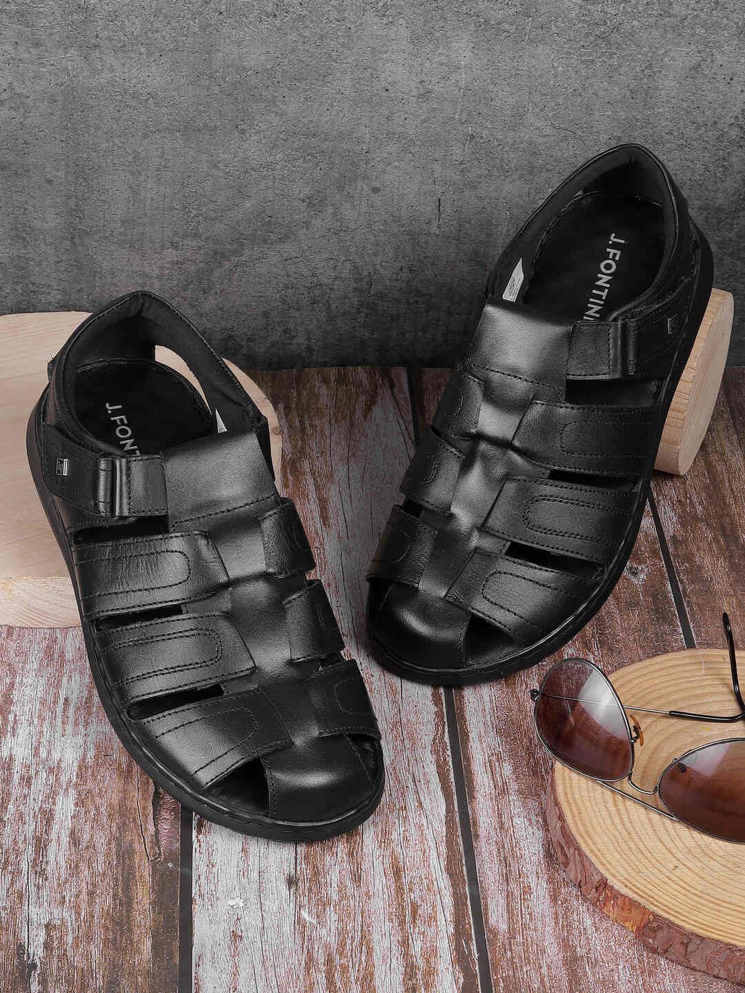 

J.FONTINI Men Leather Gladiators Sandals, Black