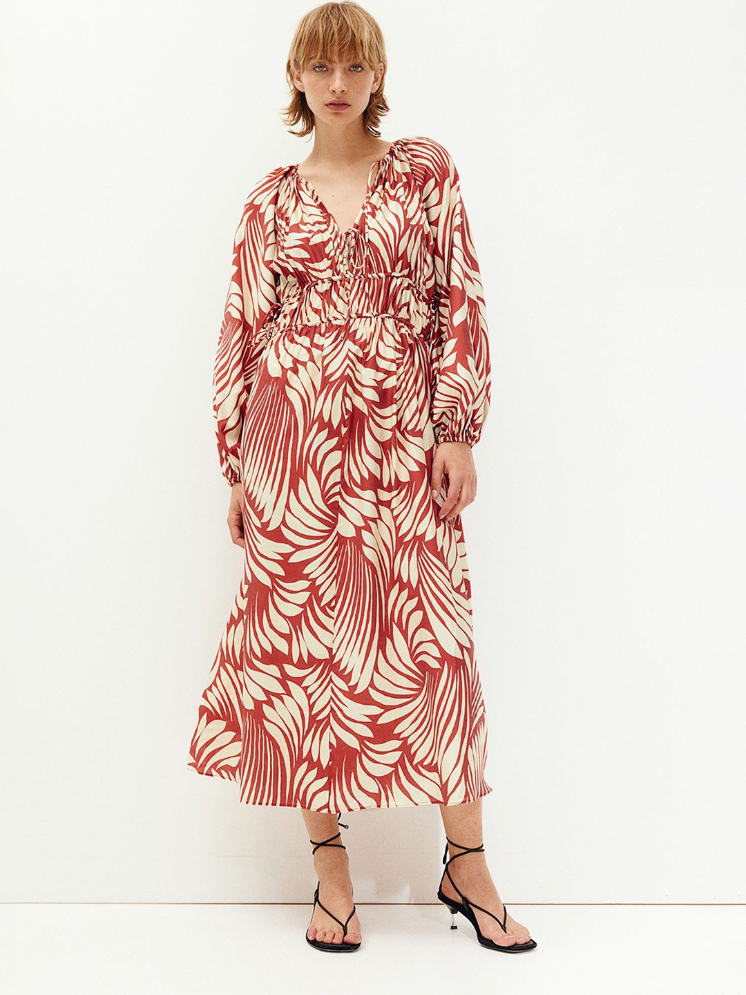 H&M Printed Oversized Drawstring-Detail Dress, Brown