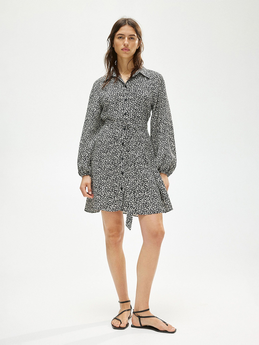 

H&M Printed Balloon-Sleeved Shirt Dress, Black