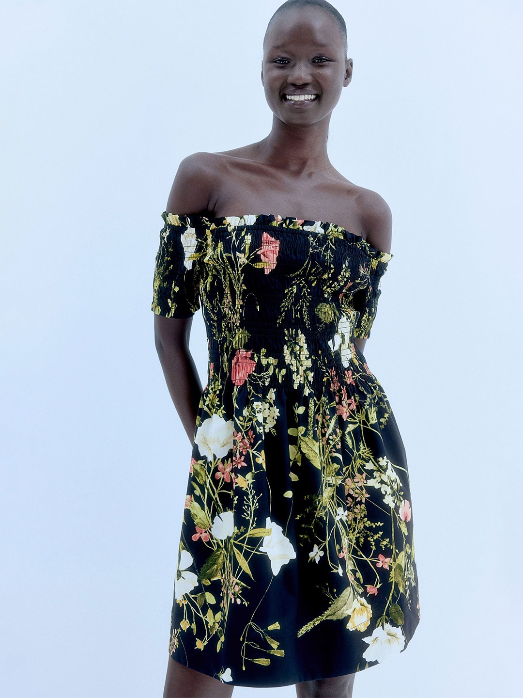 

H&M Smocked Off-The-Shoulder Dress, Black