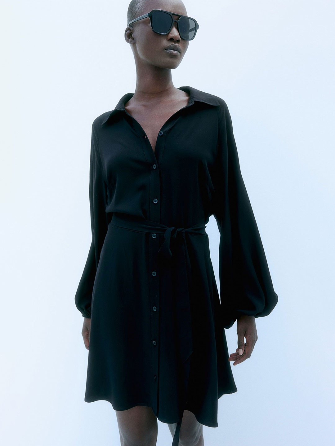 

H&M Balloon-Sleeved Shirt Dress, Black