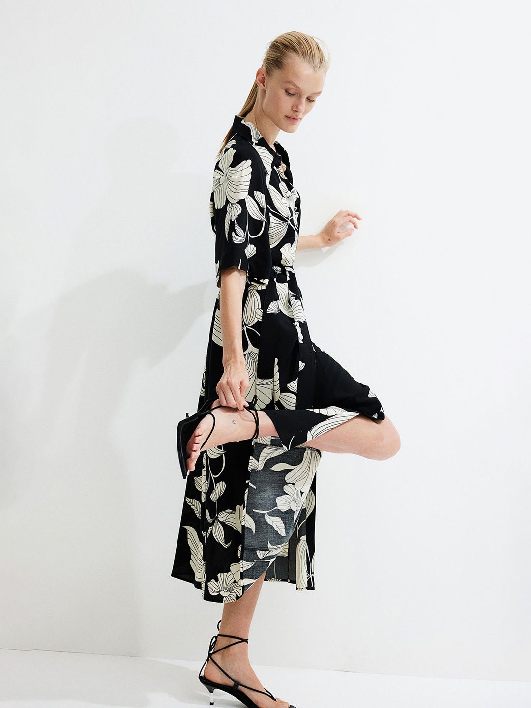 

H&M Printed Tie-Belt Shirt Dress, Black