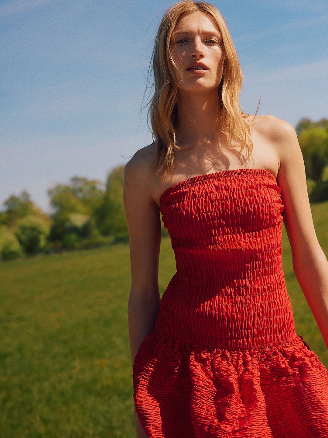 

H&M Smocked Bandeau Dresses, Red