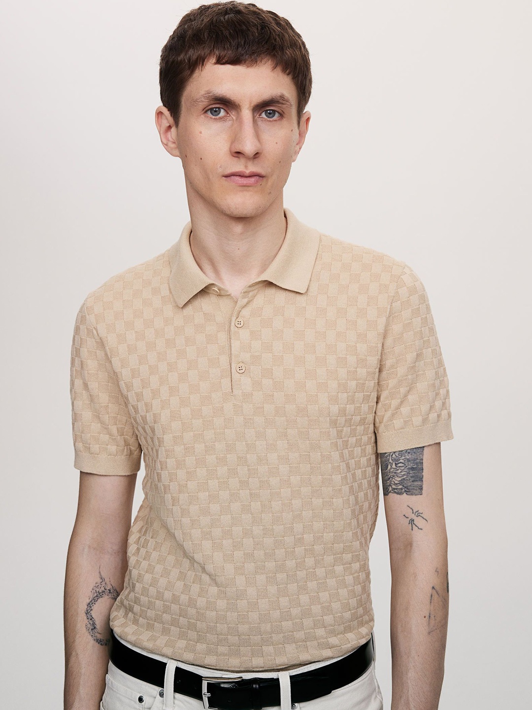 

H&M Slim Fit Textured-Knit Polo Shirt, Beige