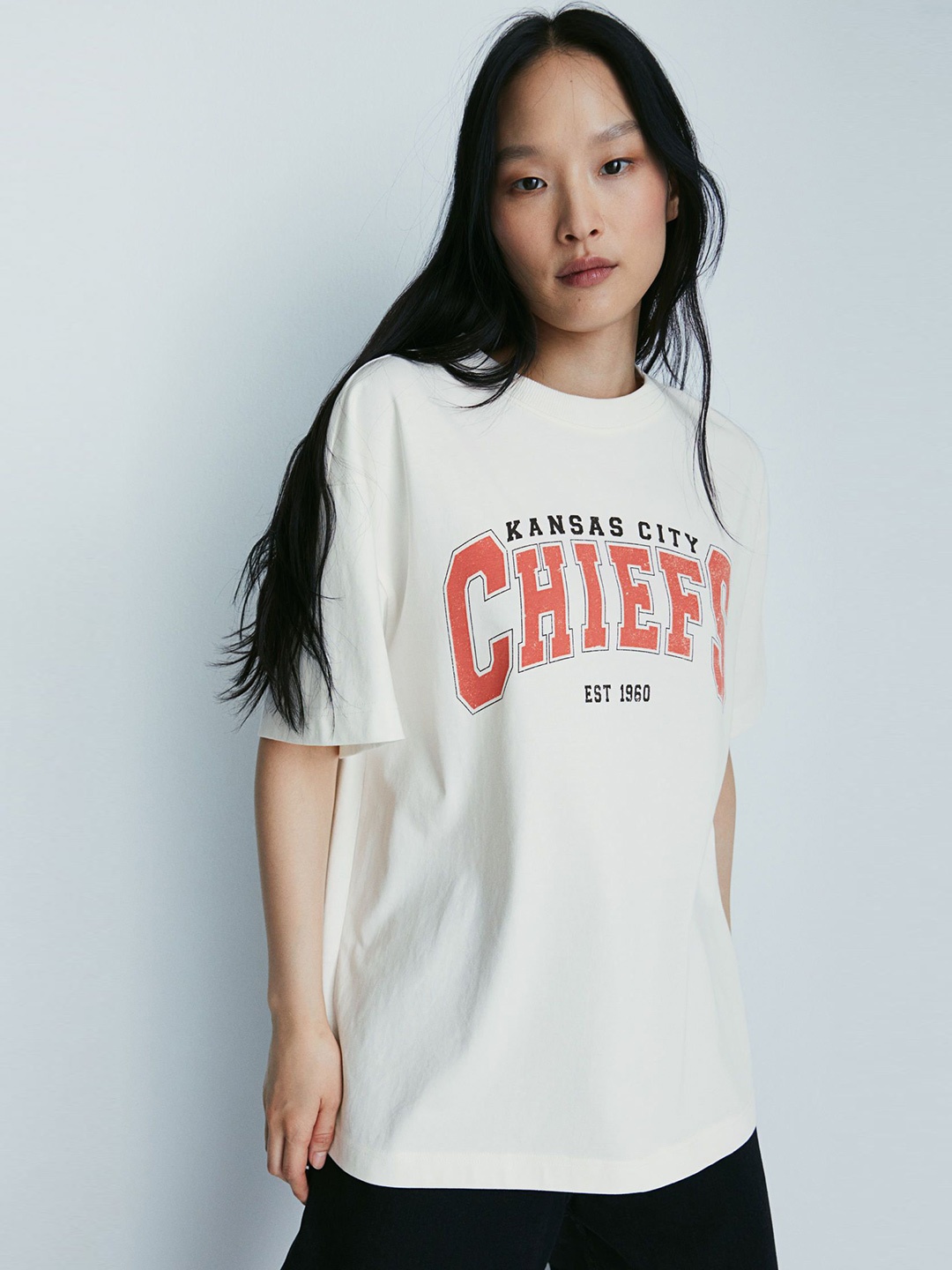 

H&M Printed Pure Cotton Long T-Shirt, White