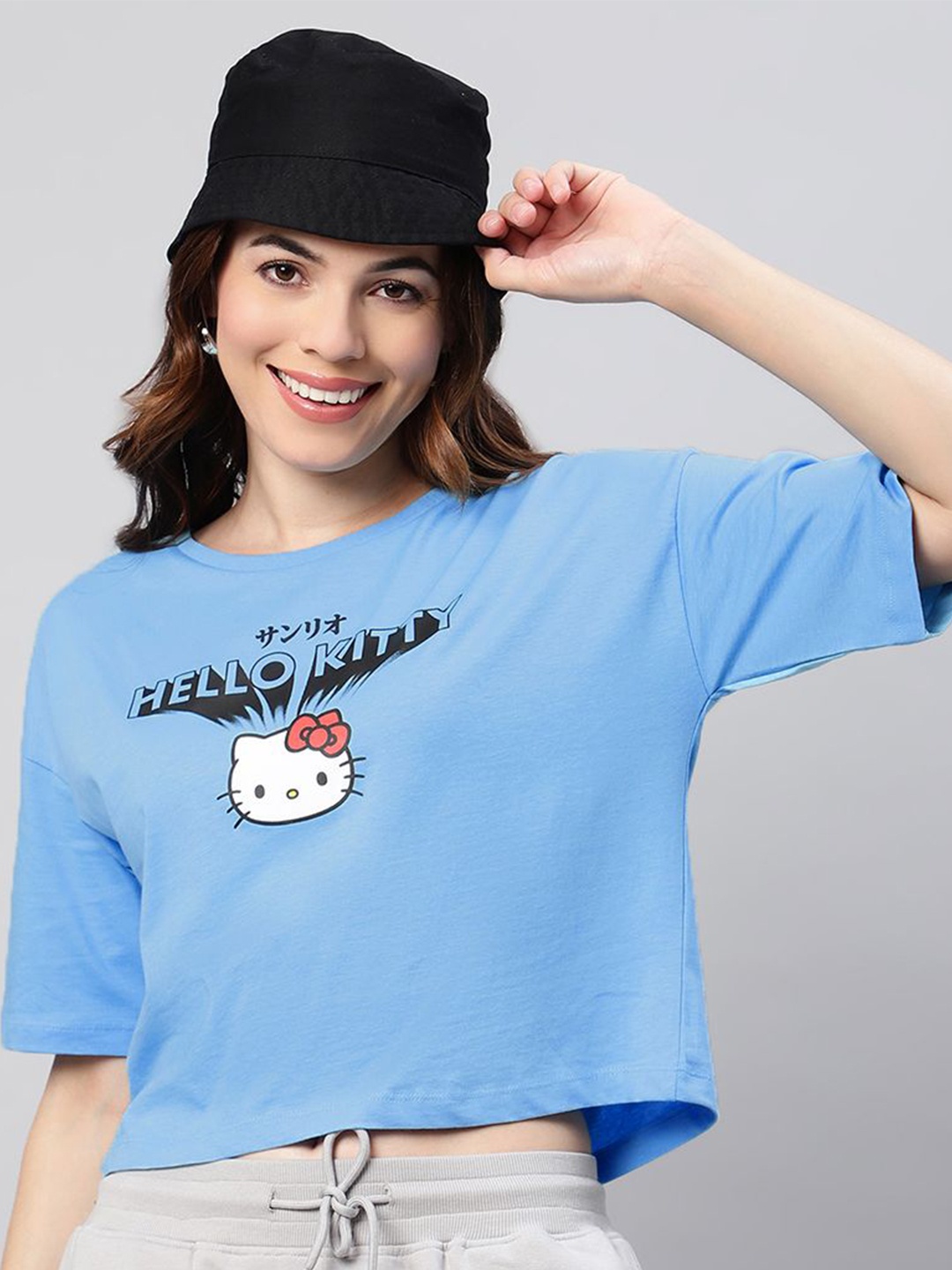 

Free Authority Women Hello Kitty Printed Pure Cotton Boxy Fit Crop T-shirt, Blue