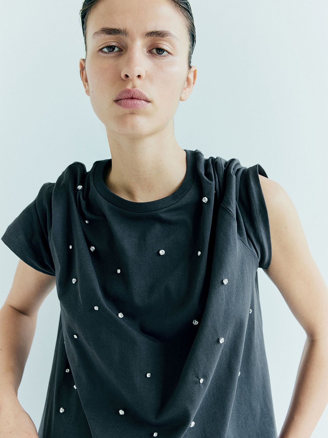 

H&M Embellished Pure Cotton T-Shirt, Grey